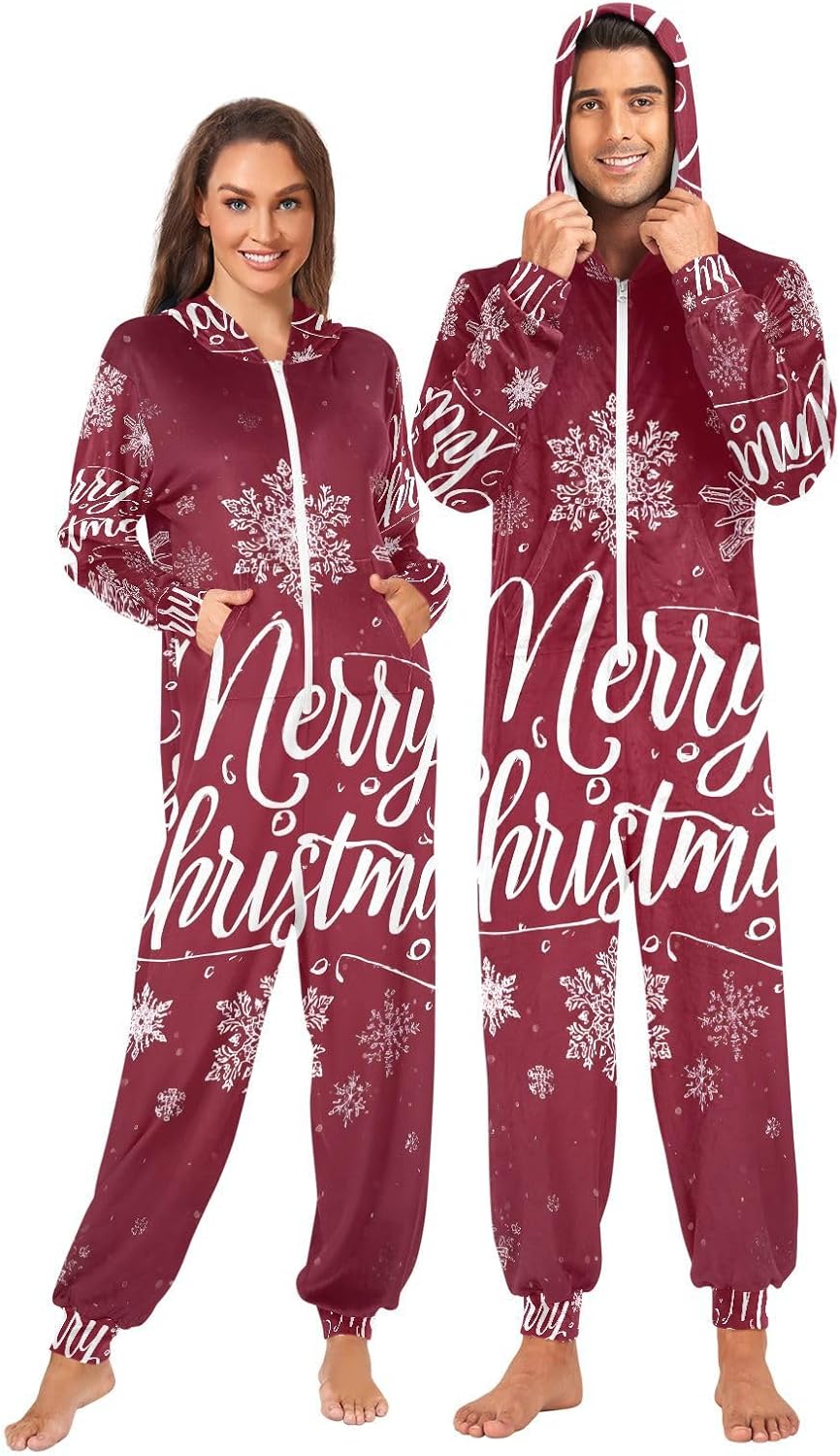Red Card Xmas White Snowflakes Adult Onesie Pajamas for Unisex Novelty One Piece Costume Sleepwear