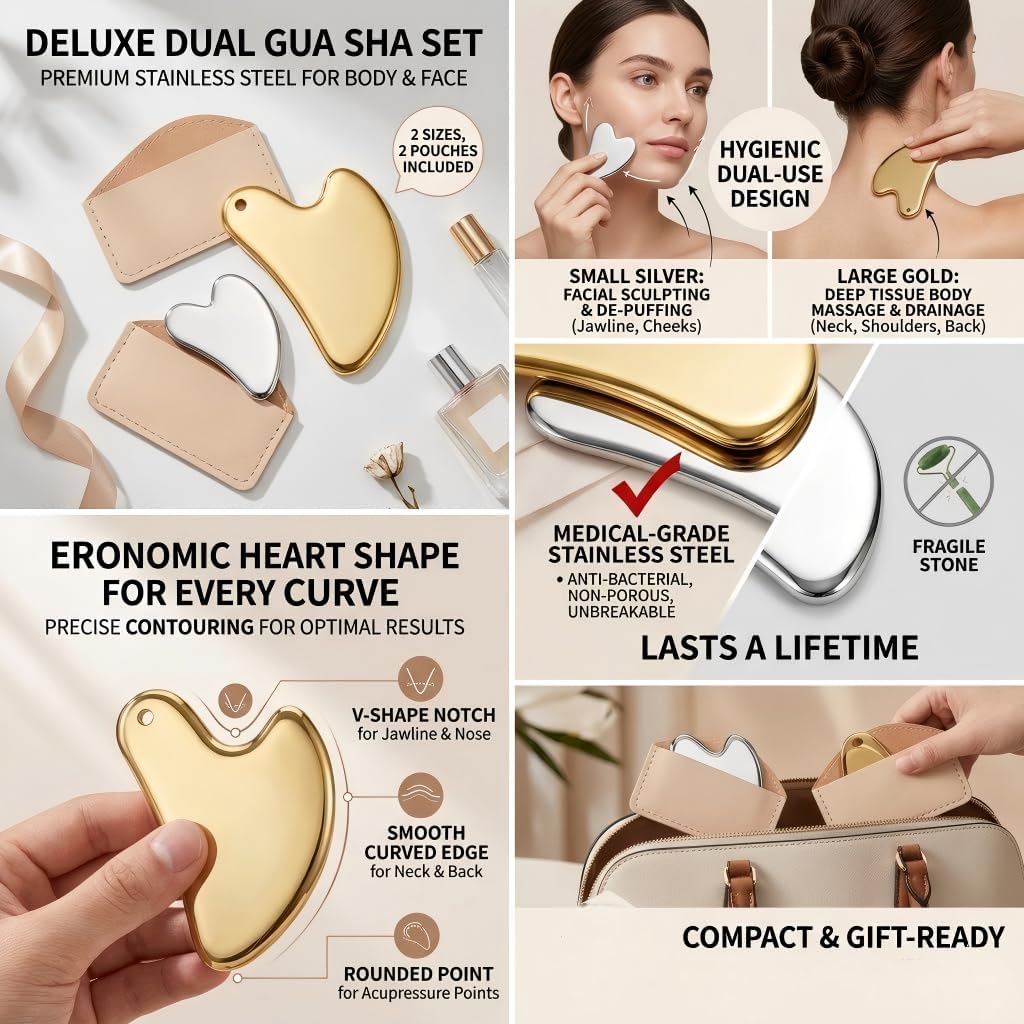 Partition Nursing Scraping Tool Set - Silver Facial Scraping Board and Gold Body Shaping Tool, Lymphatic Massage Tools for Facial Contouring, Jawline Shaping, Neck and Shoulder Relaxation