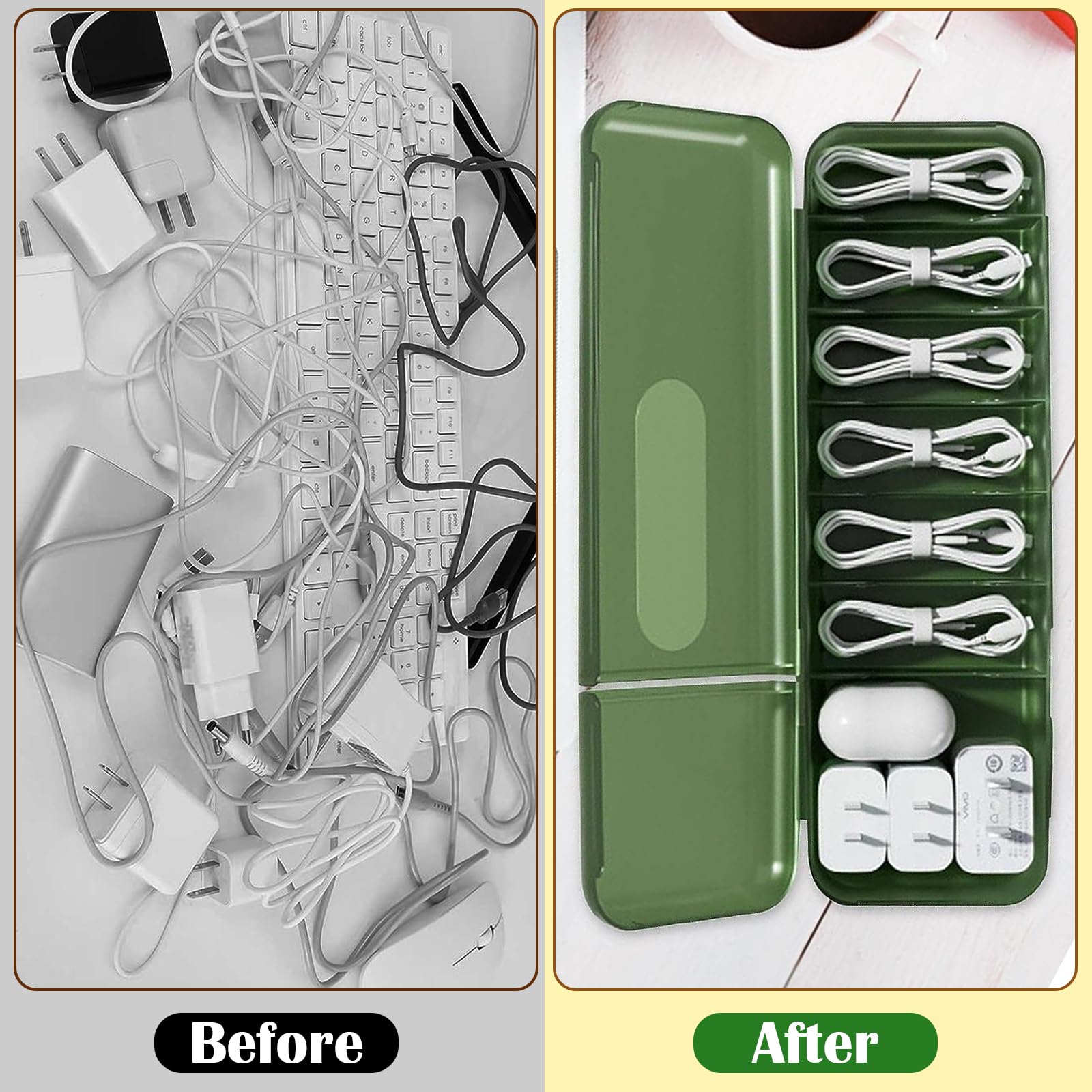 Boîte De Rangement Pour Câbles HYYTOK - Avec 14 Attaches Et 6 Clips Magnétiques, 7 Compartiments Réglables | Organiseur Bureau, Maison (blanc)