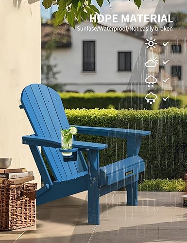Miniatura 7 de Silla Adirondack de plástico HDPE, silla Adirondack plegable resistente a la intemperie con soporte para tazas, silla de madera texturizada para