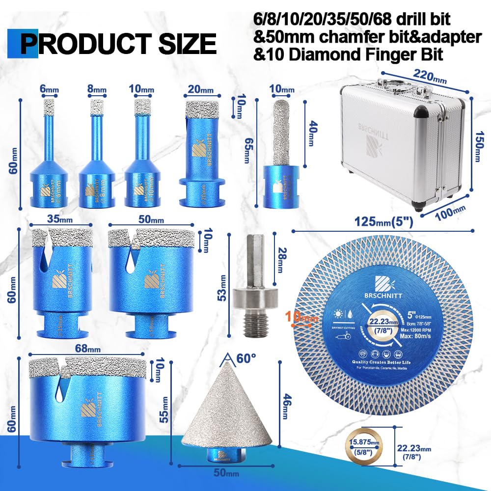 Punte Diamantate frese diamantate - 6/8/10/20/35/50/68mm tazze per piastrelle, 10mm Fresa,50mm Punte Smusso per Porcellana Piastrelle Ceramica Marmo Granito