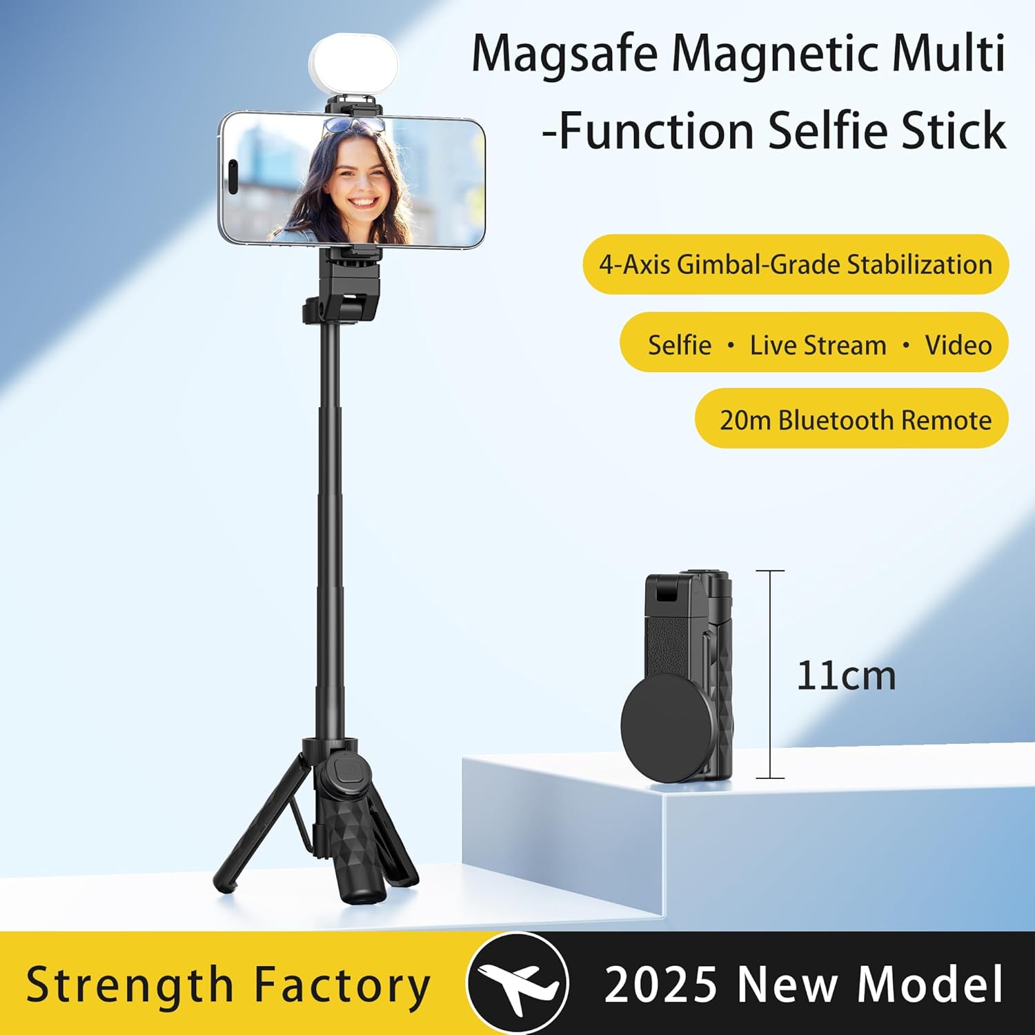 2026 New Pocket Selfie Stick: Magnetic/Clamp Dual Mount, Multi-Angle, Tripod, Wireless Remote, Fill Light, Vlogging Essential| for iPhone & Android. Carry on Selfie (Black)