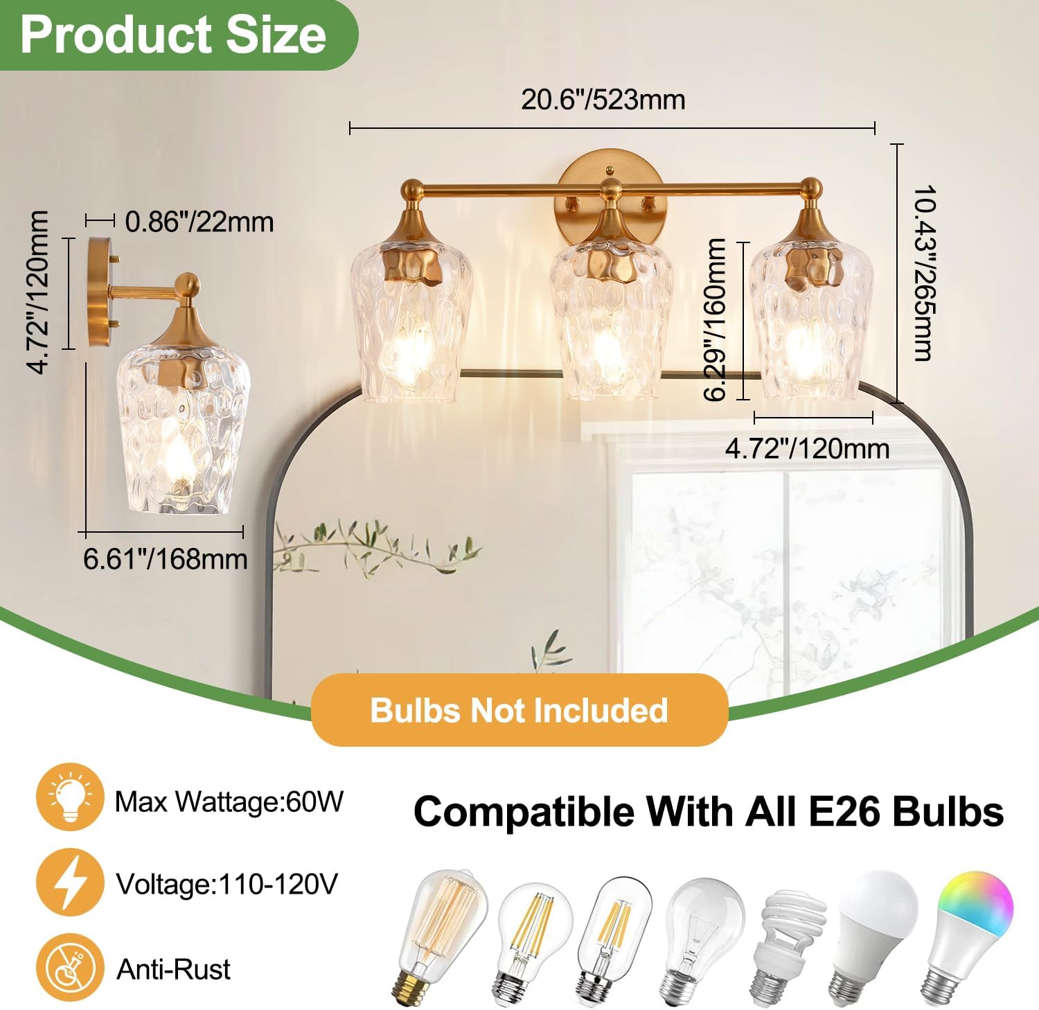 20 inch 3-Light Gold Vanity Light,Modern Wall Sconce with Rippled Glass Lampshade,Bathroom Lighting Fixture Over Mirror for Living Room,Bedroom,Hallway