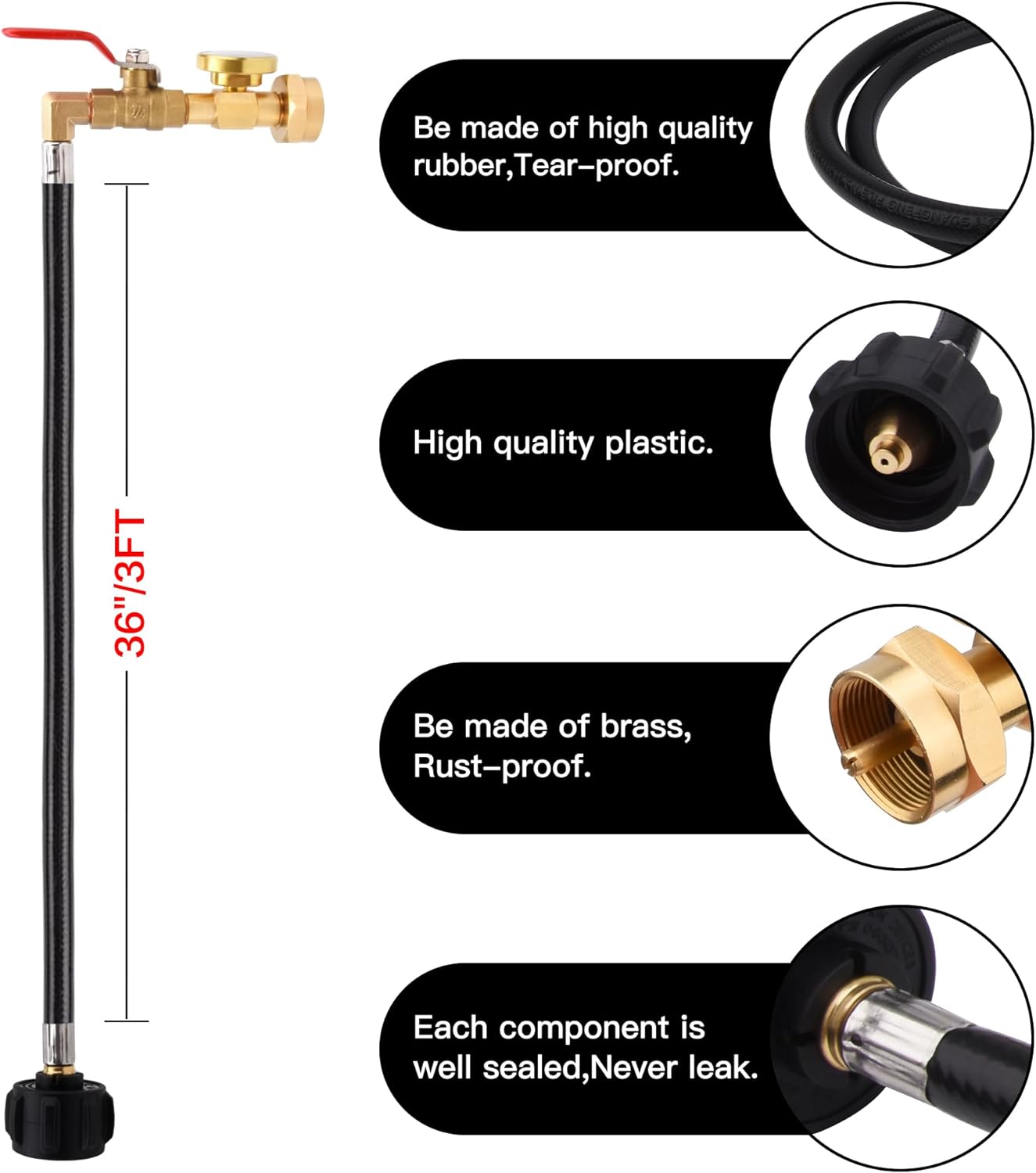 Propane Refill Adapter for 1 lb. Tanks,3 FT Propane Tank Refill Adapter Rubber Hose with Gauge and ON-Off Control Valve, Fits QCC1 / Type 1 Propane Tank,Propane Tank Filler 20 lb to 1 lb