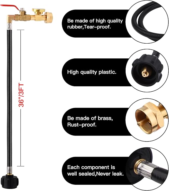 Propane Refill Adapter for 1 lb. Tanks,3 FT Propane Tank Refill Adapter Rubber Hose with Gauge and ON-Off Control Valve, Fits QCC1 / Type 1 Propane Tank,Propane Tank Filler 20 lb to 1 lb