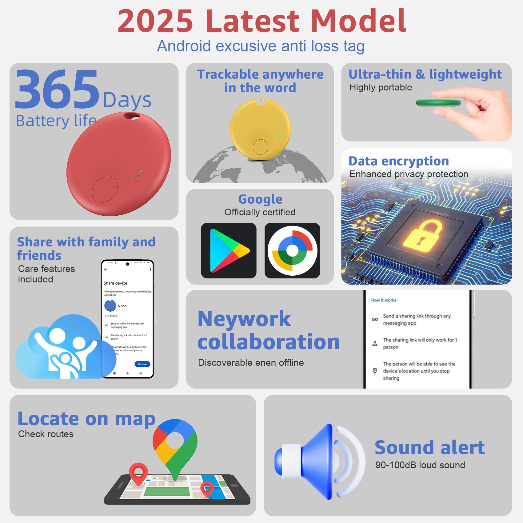 Airtag Android, 4 PCS Smart Tracker Tag GPS Localizzatore Chiavi Compatibile con Trova Dispositivo(Solo Android), Bluetooth Tracker Compatibile per Portafogli,Chiavi,Zaini, Animale