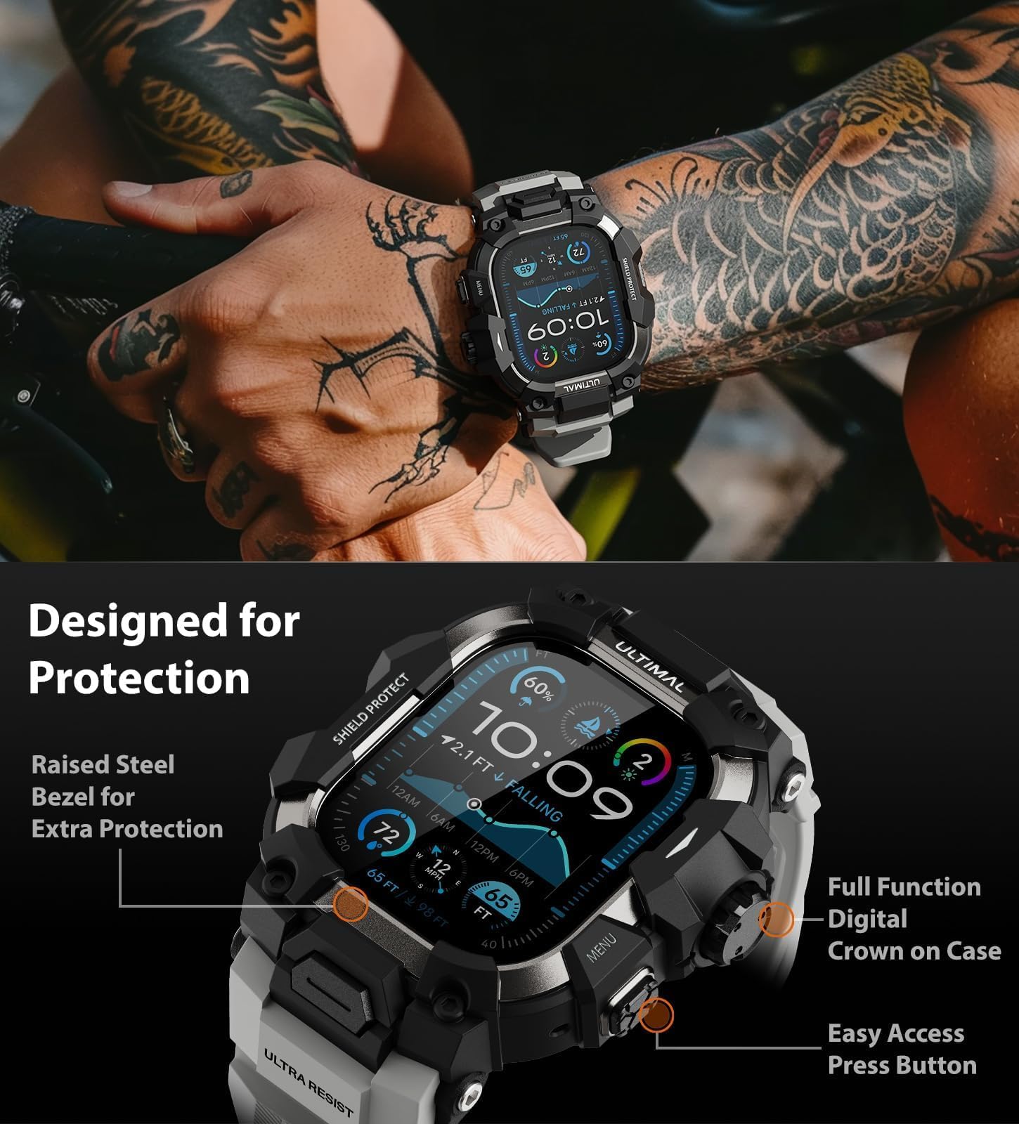 ULTIMAL Correas deportivas compatibles con Apple Watch de 44 mm/45 mm, funda protectora militar, correa de TPU resistente para iWatch, correa ajustable para Apple Watch Series 9, 8, 7, 6, 5, 4 SE