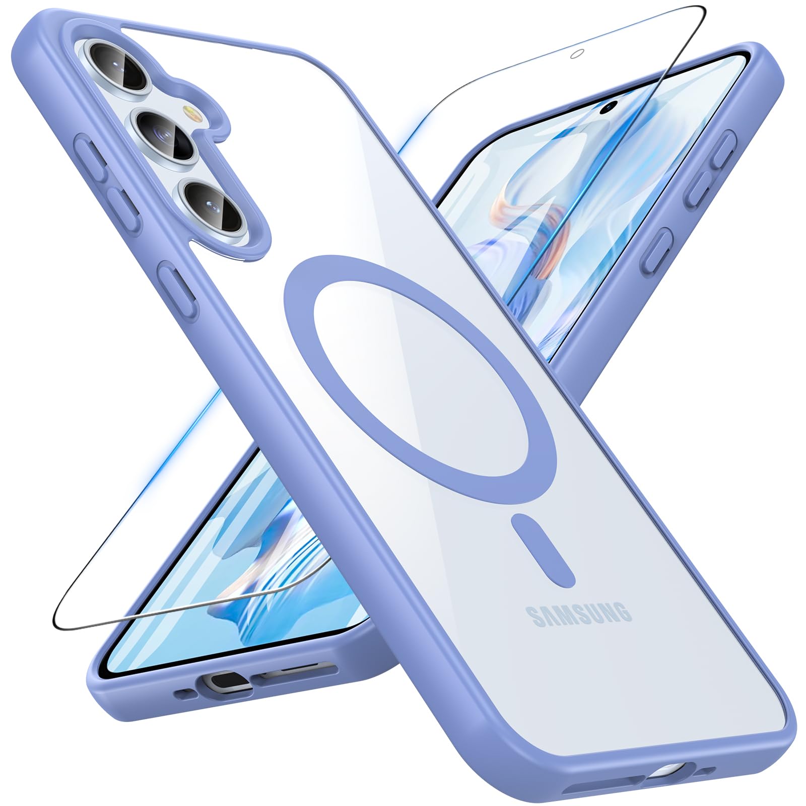 Hensinple Magnetica Cover Compatibile con Samsung A55/ A35 5G con Vetro Temperato, Custodia Antiurto Sottile Trasparente Posteriore Graffi Paraurti TPU Bumper Case -Azzurro