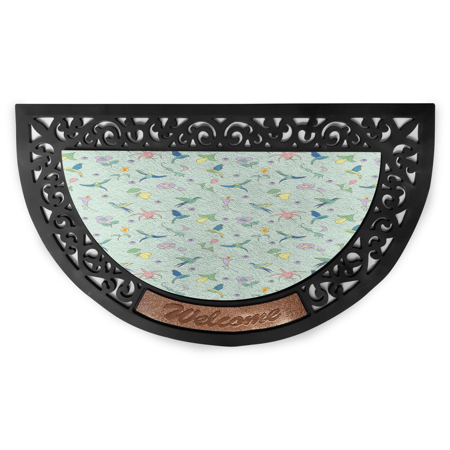 LunarableFloral Doormat, Blossom Petals Summer Birds Exotic Nature Buds Boho Pastel Flourish Theme, Semi Circle Entryway Welcome Mat for Front & Backard 2 Pieces, 19.6" x 31.4", Mint Green Multicolor