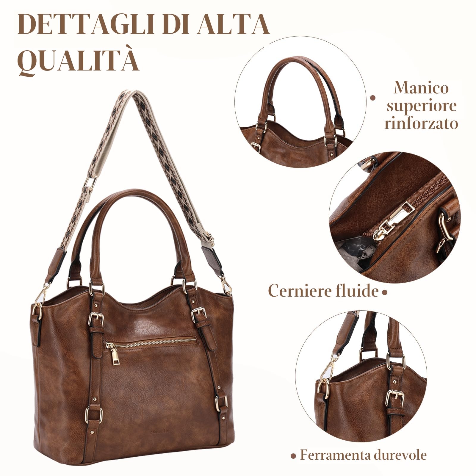 Chase Chic Borsa Donna, Grande Elegante Borse a Mano Tracolla Moda Pelle PU Hobo Tote Clutch Borsette con Tracolla Staccabile