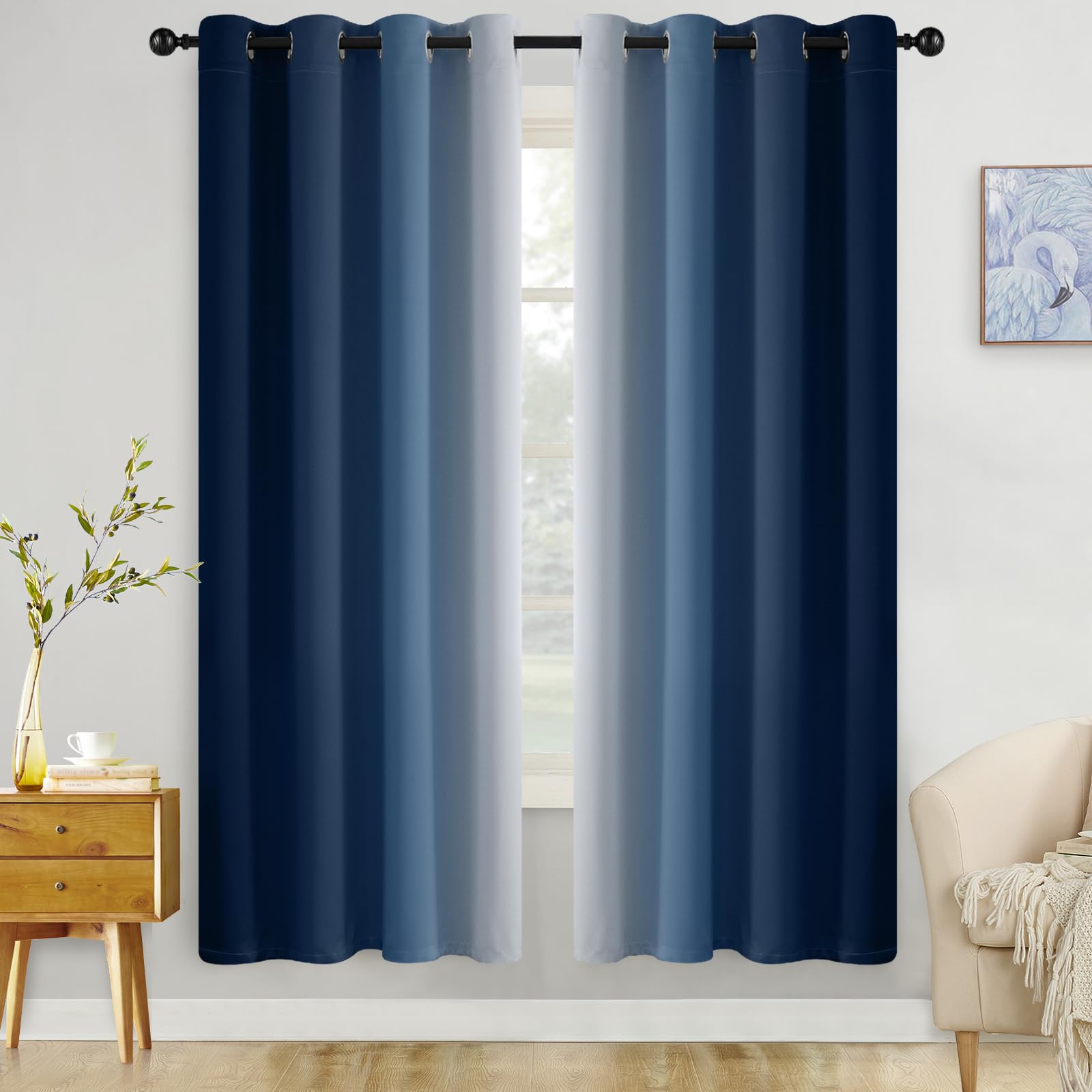 COSVIYA Grommet Ombre Room Darkening Curtains 72 inch Length 2 Panels, Blue and Grayish White Gradient Drapes Light Blocking Insulated Thermal Window