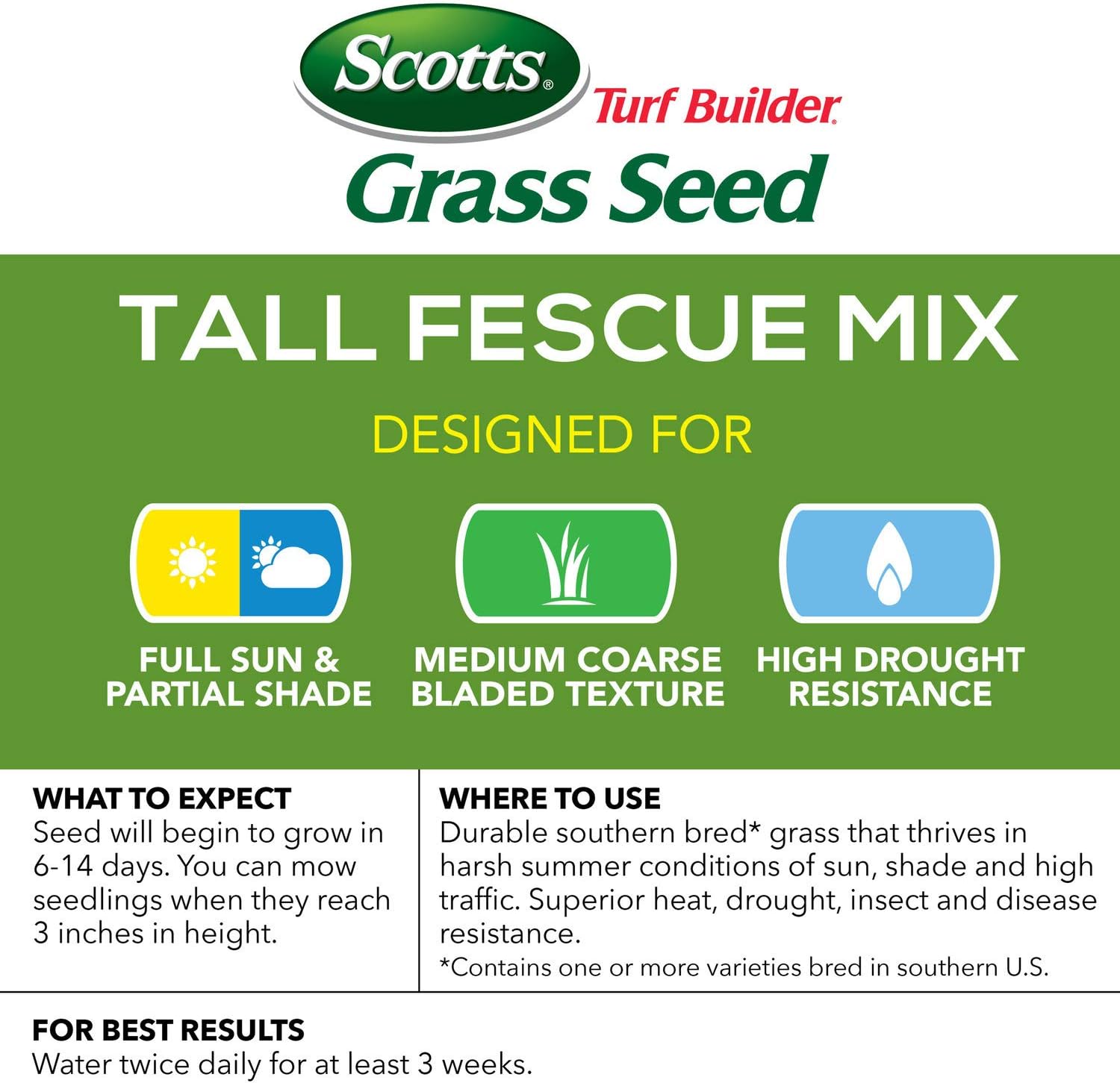 Scotts Turf Builder Grass Seed Tall Fescue Mix, Grows Deep Roots for a Durable, Livable Lawn, 20 lbs.