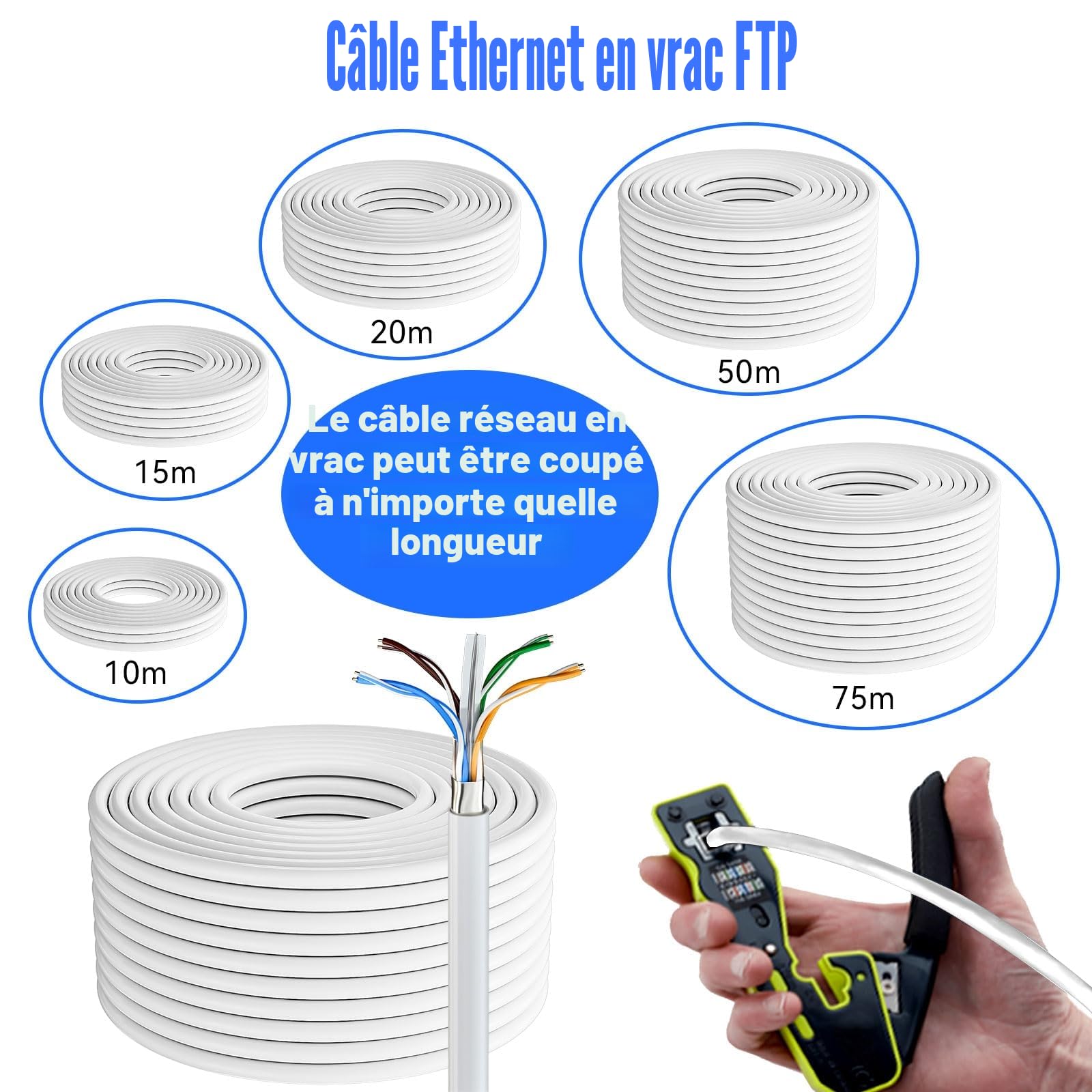 Soibke Cable Ethernet 100m Blindé, RJ45 100m Câble Réseau Exterieur Intérieur | AWG 23, FTP PIMF, Anti-interférence, Ignifuge, Exterieur Etanche, Haut Debi Gigabit CAT 6 | (Blanc, 100 mètres)