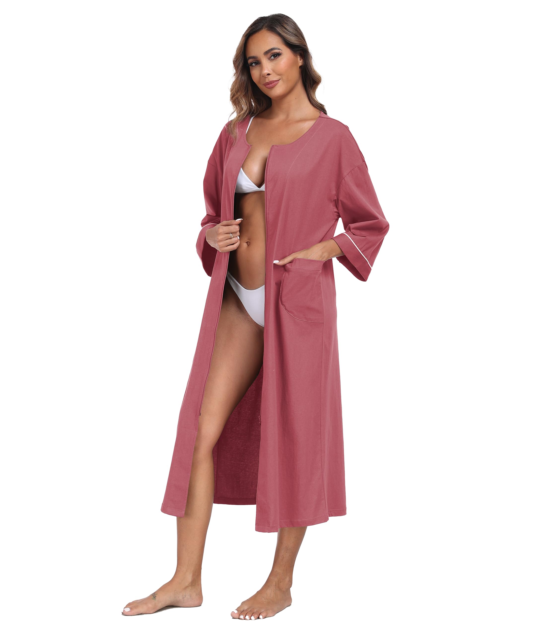 COLORFULLEAF Albornoz para mujer con cremallera, 100% algodón, ligero, con bolsillos, M-XXL