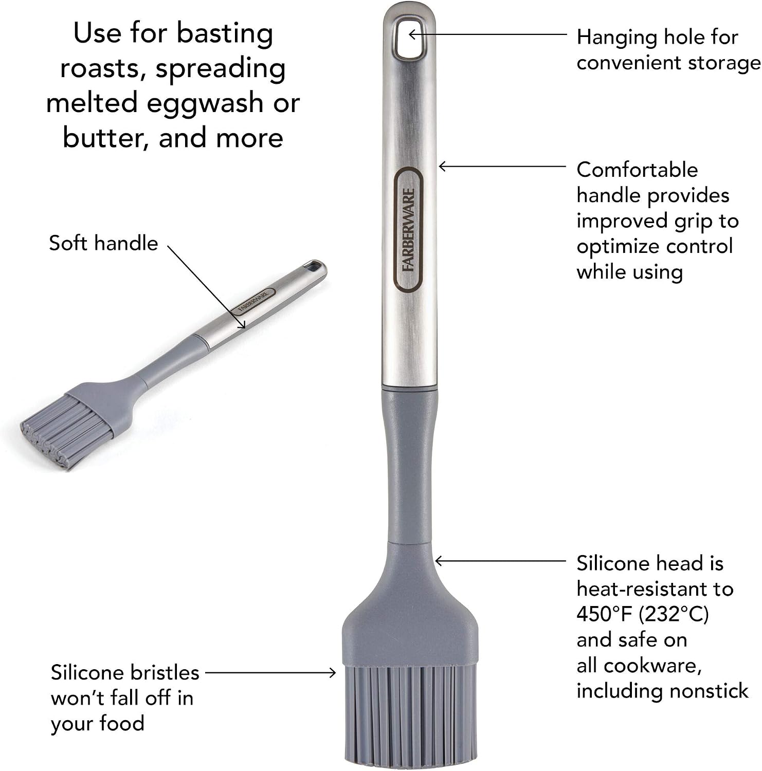 Farberware Pro Silicone Basting Brush, 11 Inch Pastry Brush for Basting Roasts, Spreading Butter on Breads and Pastries, Heat-Resistant to 450 Degrees F, Dishwasher Safe, Stainless Steel Handle