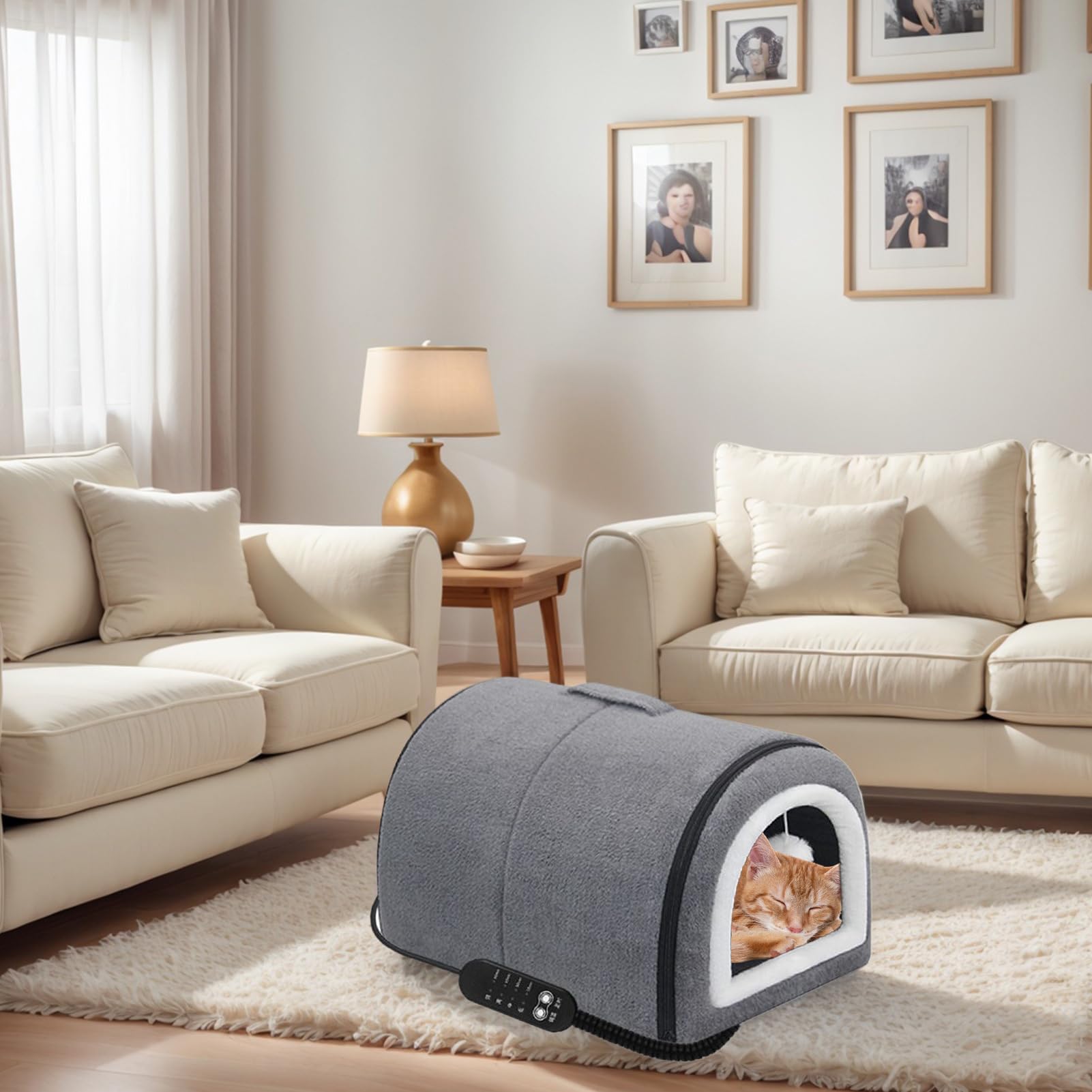 Cuccia riscaldata per gatti semi-chiusa con regolazione della temperatura, rimovibile, lavabile, calda cuccia per piccoli animali domestici, ideale per uso invernale interno ed esterno