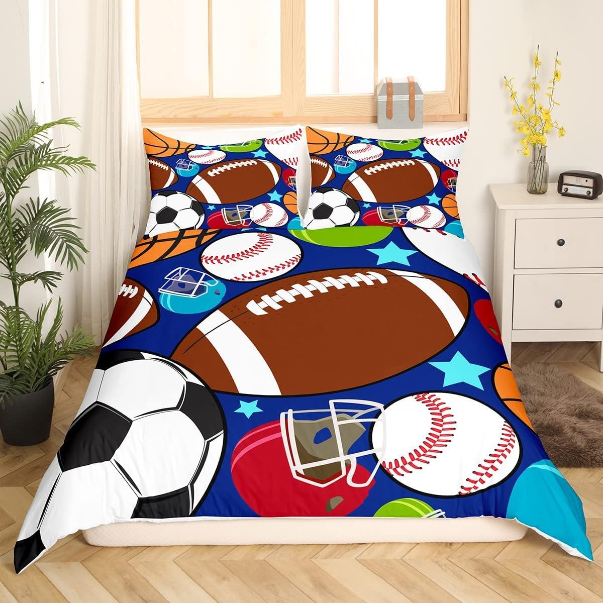 Loussiesd Kids Sports Duvet Cover Football Basketball Tennis Bed Cover Boys Teens Sports Bedding Set including 1 Pillowcase Single