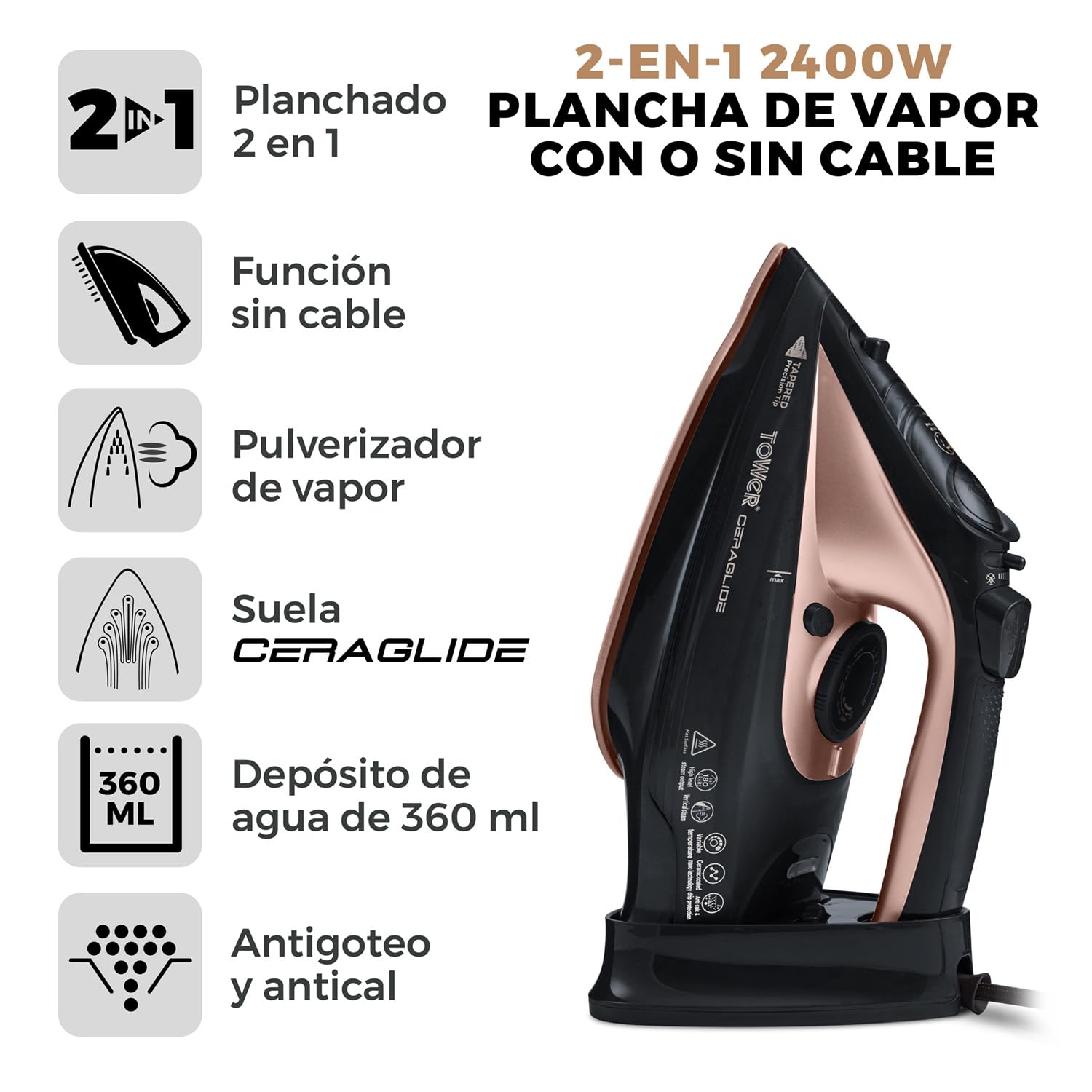 Tower T22008RG Plancha de Ropa Sin Cable – Plancha de Vapor con Suela Cerámica CeraGlide y Función de Vapor Variable, 2400 W – Negro y Oro Rosa