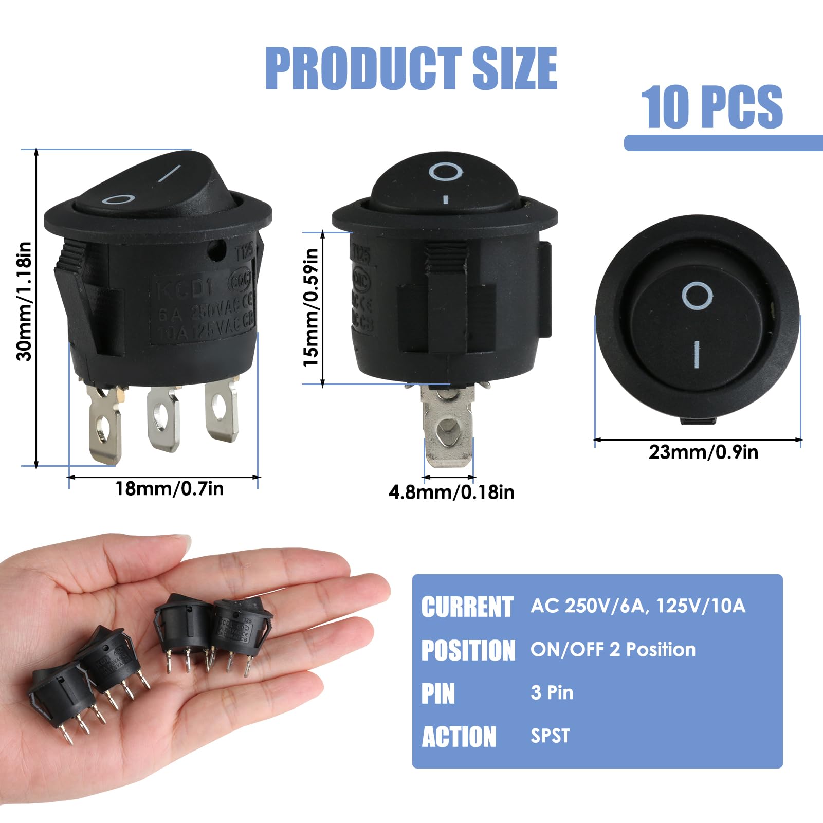 Rotondo Interruttore A Bilanciere, 10pcs Mini Interruttore Bilanciere Rotondi ON/OFF SPST, 3 Posizioni 10A/125V 6A/250V Interruttore Rotondo per Auto, Barche, Elettrodomestici(nero)