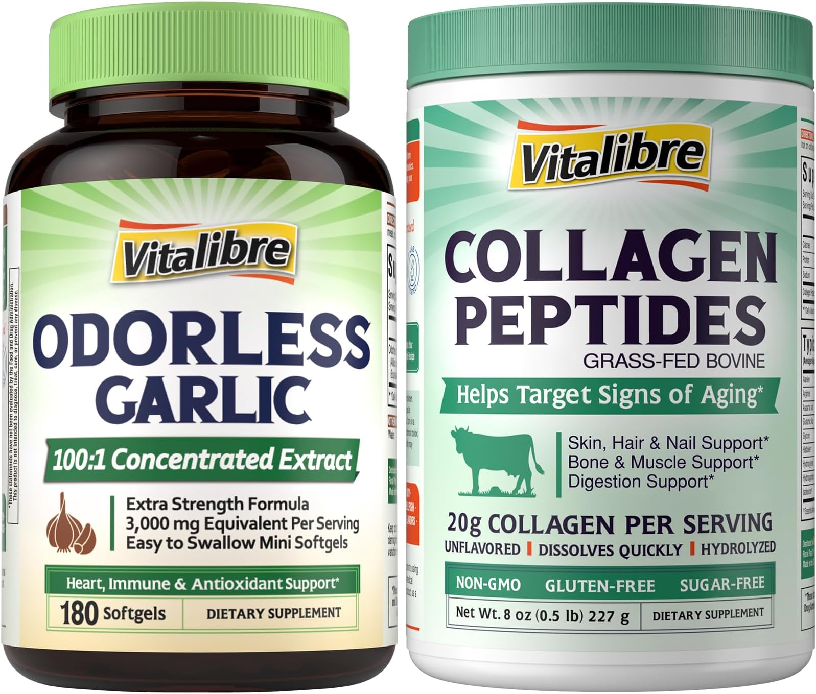Odorless Garlic, Extra Strength 100:1 Extract, Heart & Immunity, Antioxidant Defense, 180 Softgels, and Bovine Collagen Peptides Powder for Women and Men, 8oz