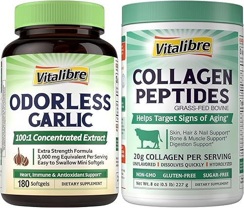 Ajo inodoro, extracto extra fuerte 1001, corazón e inmunidad, defensa antioxidante, 180 cápsulas blandas y polvo de péptidos de colágeno bovino para