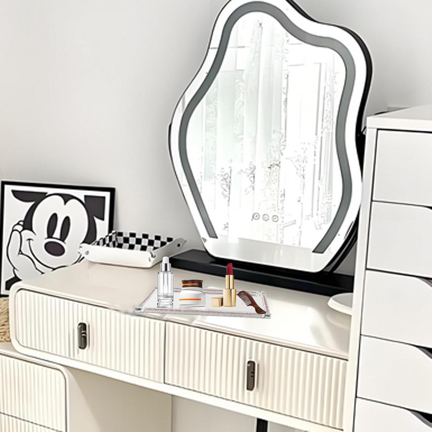 Home Detail Mirror Vanity Tray, Pink Crushed Diamond Filled Crystal Glass Cosmetic Tray, Perfume Jewelry Trinket Countertop Decorative Tray, for Home Party Hotel Banquet Dresser Bathroom Bedroom