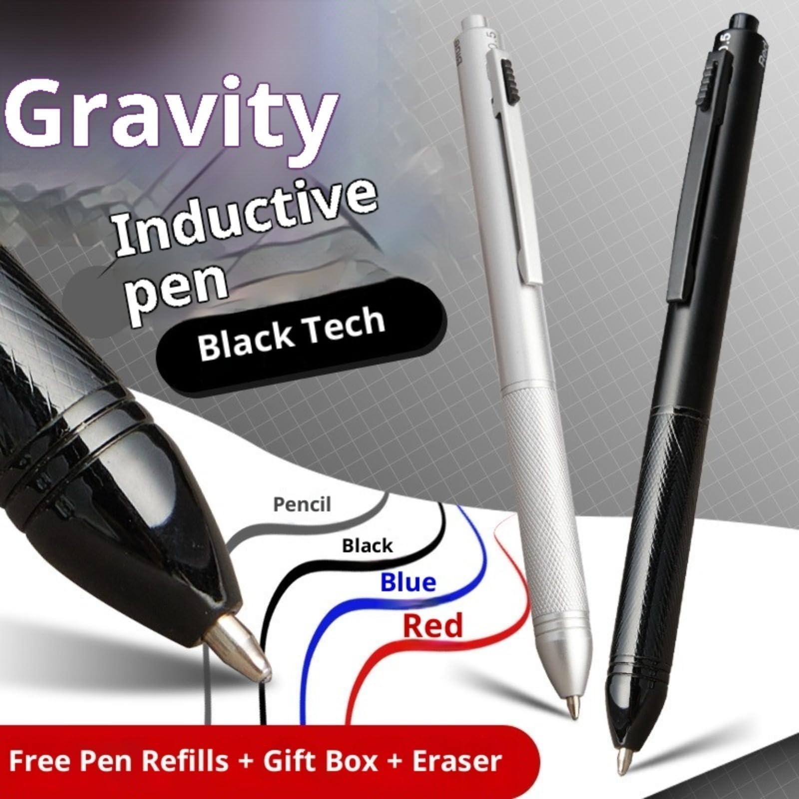 4 in 1 penna del sensore di gravità, strumento di scrittura metallico multifunzionale, 3 colori a sfera & matita meccanica 0,5 mm, ritirabile per ufficio e scuola