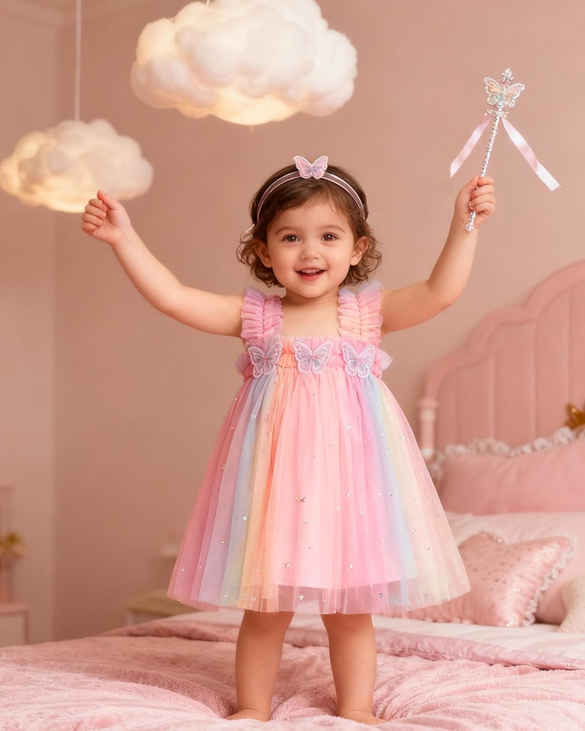 YALLET Toddler Dress Ruffle Sleeveless First Birthday Dresses Flower Embroidery Smash Cake Outfit with Butterfly Ribbon - Image 4