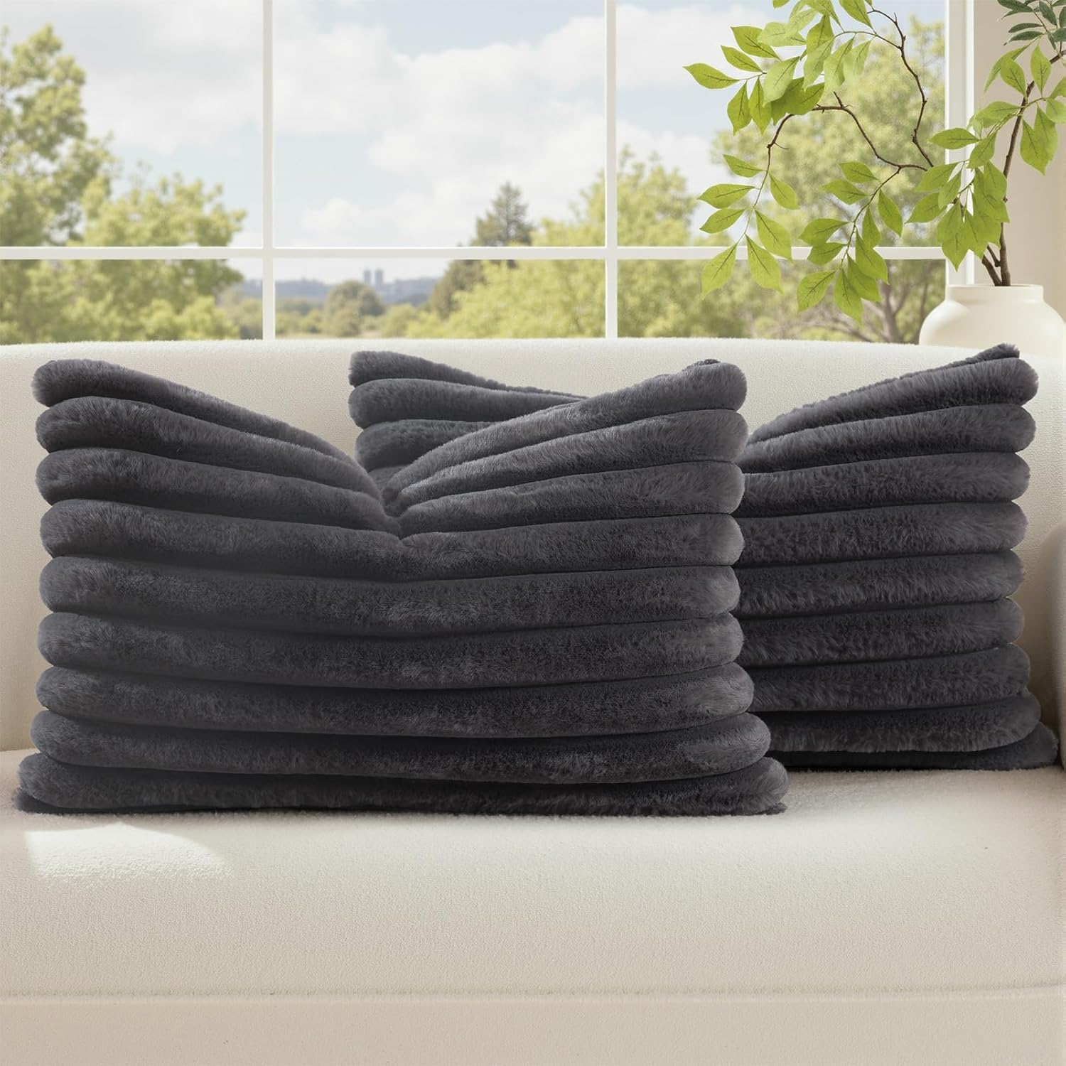 decorUhome Faux Fur Cushion Covers 30x50 cm Set of 2, Decorative Soft Plush Striped Neutral Pillow case 12X20 Inch with Velvet Back for Sofa, Bed, Living Room Home Decor, Dark grey