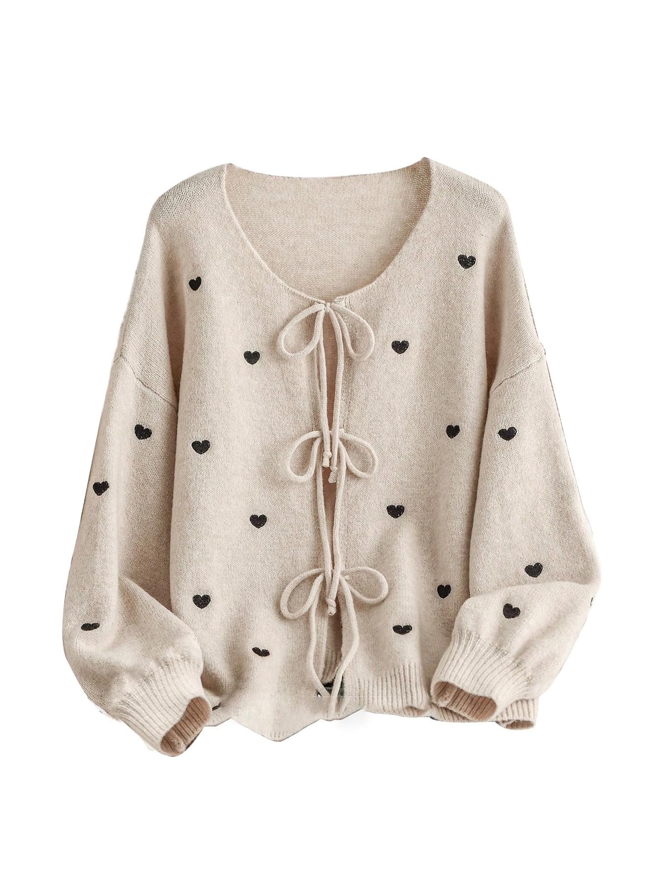 WDIRARA Womens Plus Size Heart Pattern Tie Front Cardigan Sweater Long Sleeve Knit Outerwear
