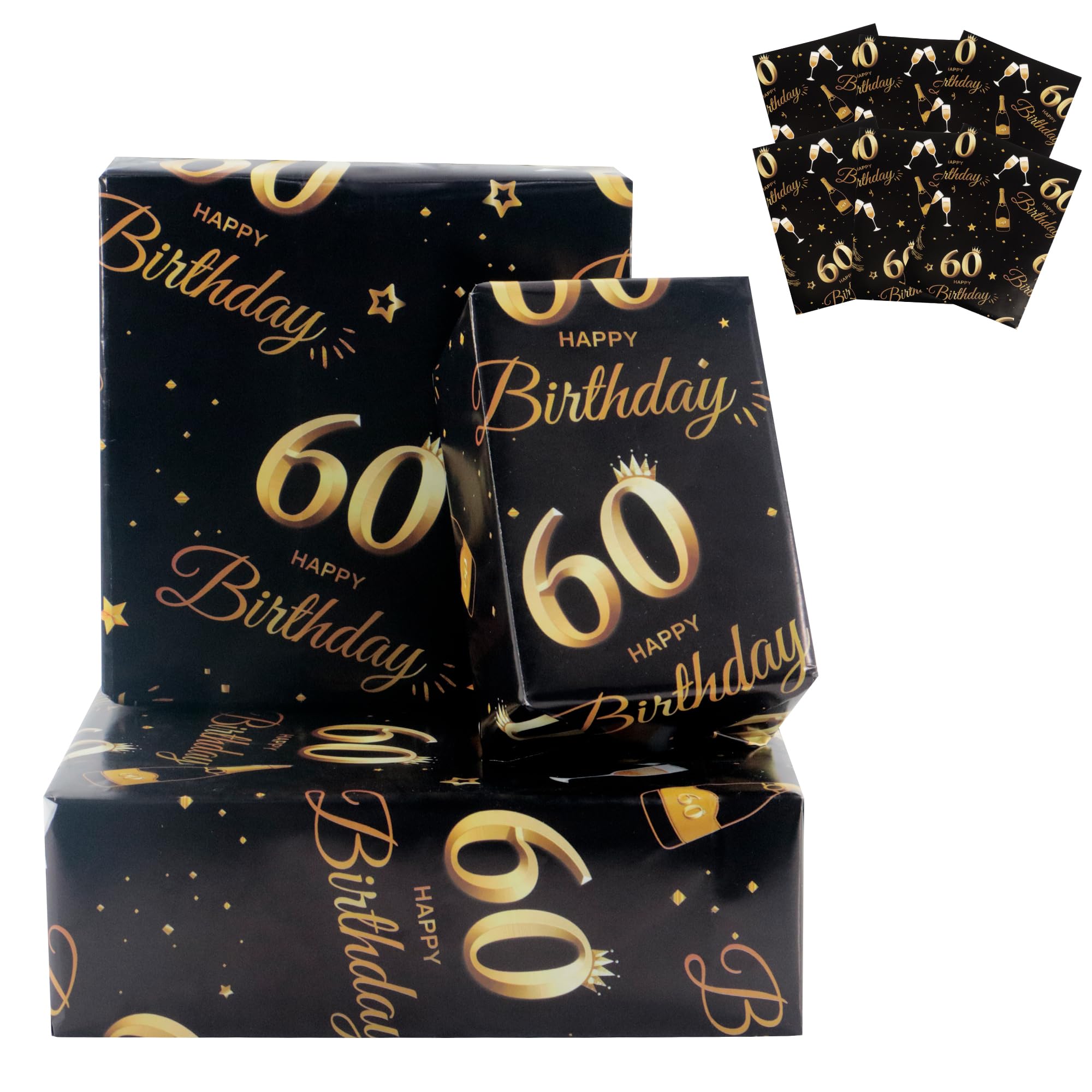 6 Sheets 60th Birthday Wrapping Paper, 70x50cm Black and Gold Happy Birthday Wrapping Paper, 60th Birthday Gifts Decorations for Women Men, Recyclable - 60th