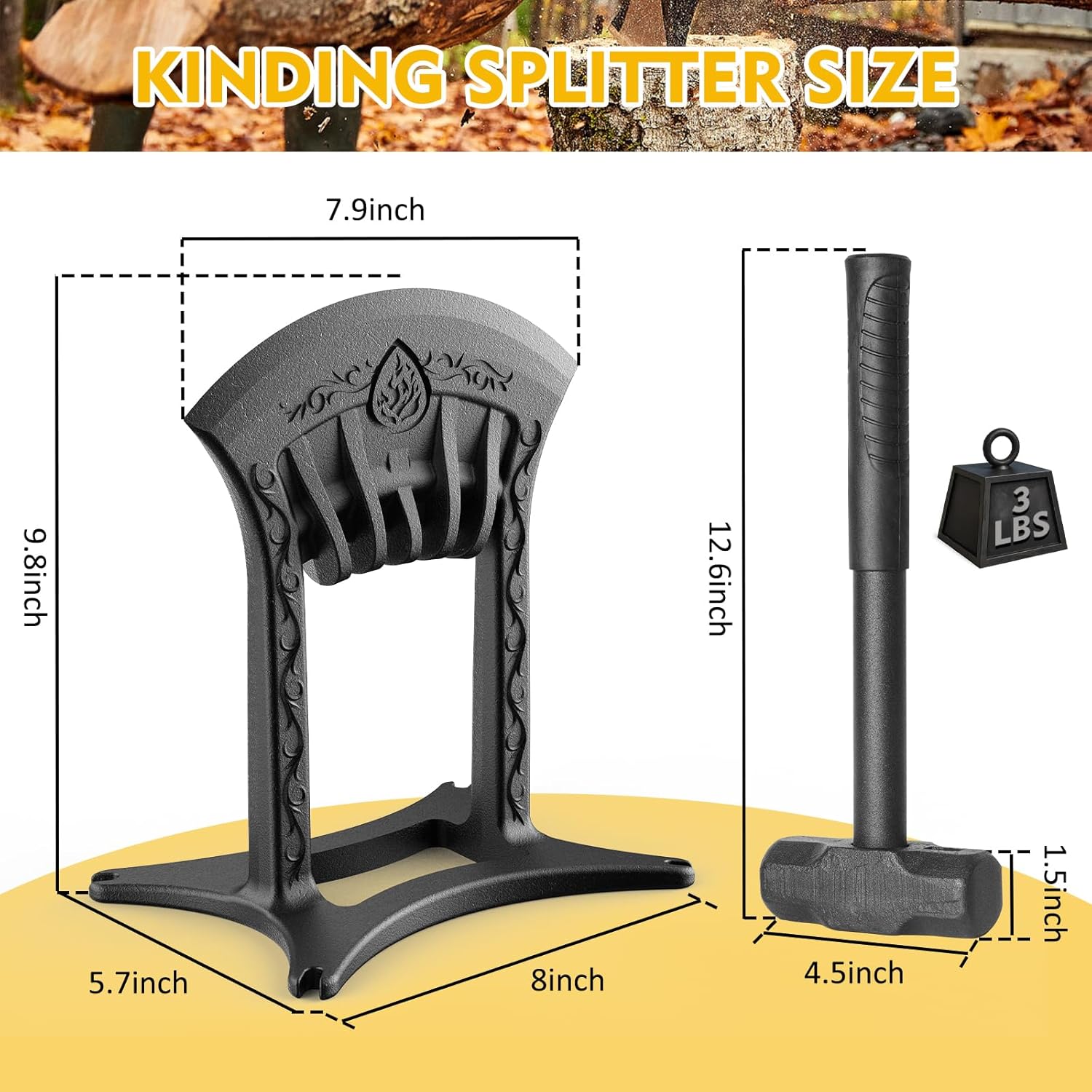 Kindling Splitter for Wood,One-Piece Molding Cast Iron Log Splitter,Manual Wood Splitter with 3 Lbs Sledge Hammer,Firewood Splitter Tool（Medium-Sized）