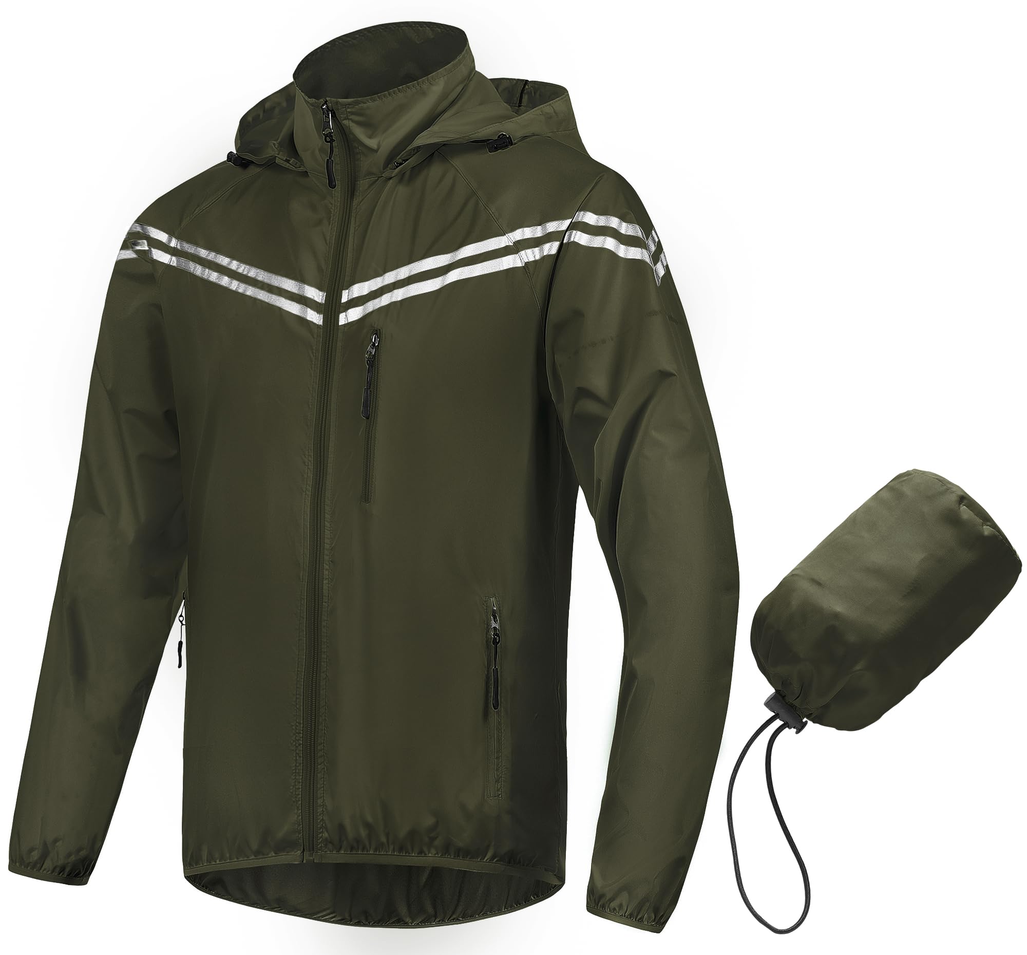CREATMO US Men's Packable Waterproof Running Rain Coats Reflective Cycling Jacket Windbreaker With Removable Hood