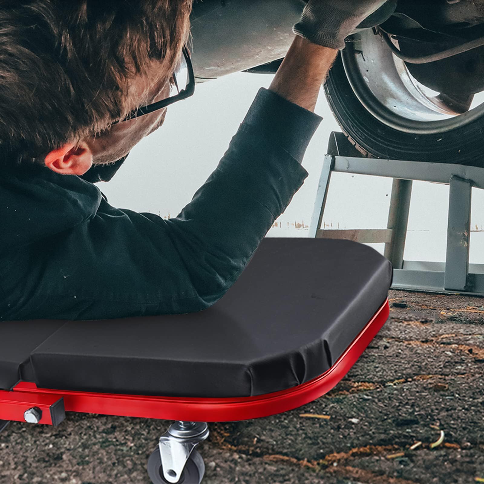 BOOMSTART 40" Werkstatt Montagerollbrett 2-in-1 Klappbarer Z-Rollhocker | Werkstattliege mit 6 Lenkrollen | 150kg Tragkraft | Rollbrett & Sitz in Einem für KFZ, Garage & Werkstatt