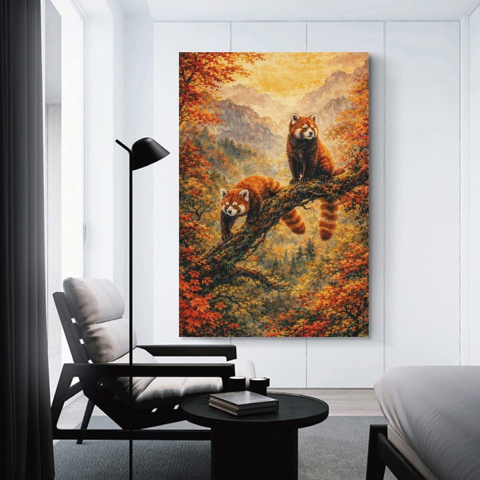 Junmoney Red Pandas in Autumn Forest Home Decor Wall Art, 24x36inch(60x90cm), for Apartment Walls, Studios Or Work Areas, Wall Decor with Flexible Room Appeal