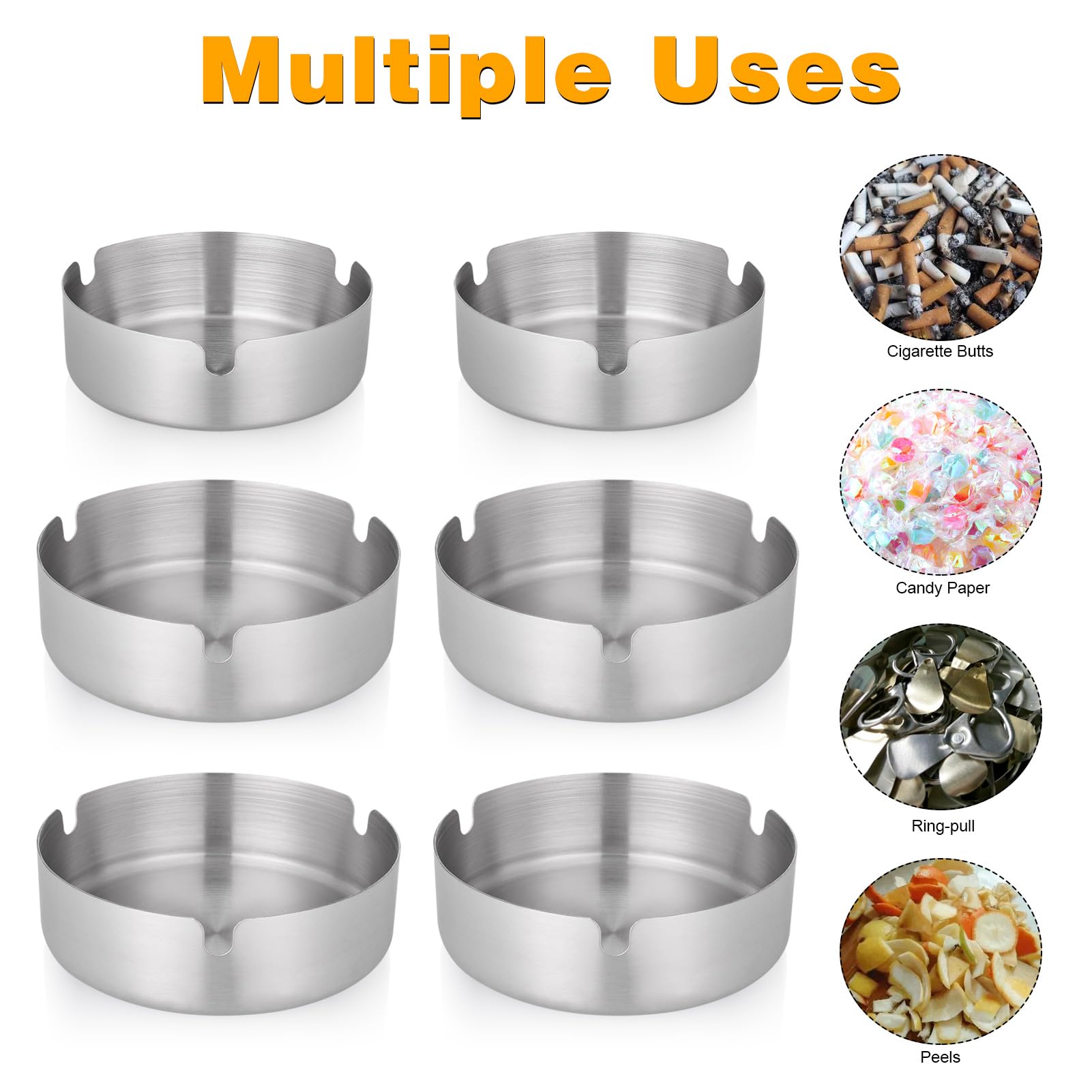 6 Pezzi Posacenere da Esterno e Interno in Acciaio Inox, Portacenere da Tavolo Rotondo con 3 Scanalature per Giardino, Casa, Bar e Ristorante, Argento