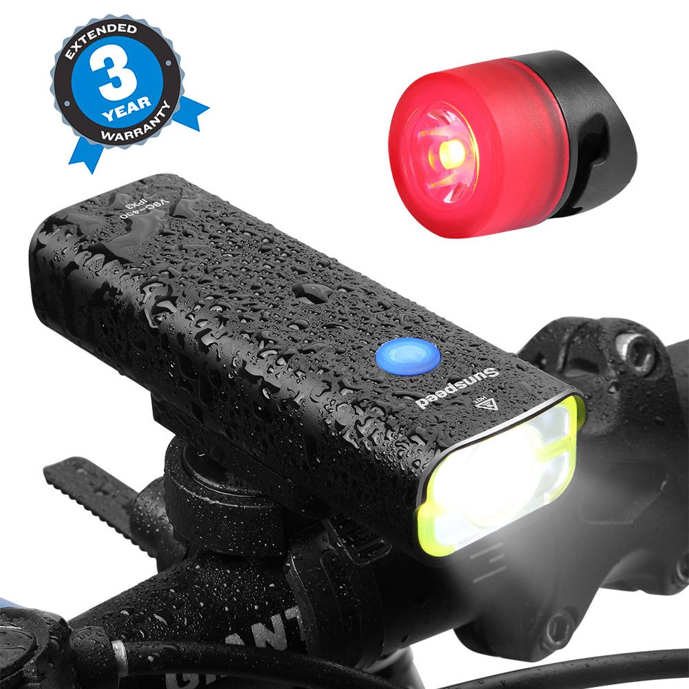 USB Rechargeable LED Bike Lights Set by Sunspeed, Super Bright 400 Lumens 3W CREE LED Bike Front Light with Free Taillight, Water Resistant Bike Lights Front and Back, Easy Mount and Quick Release