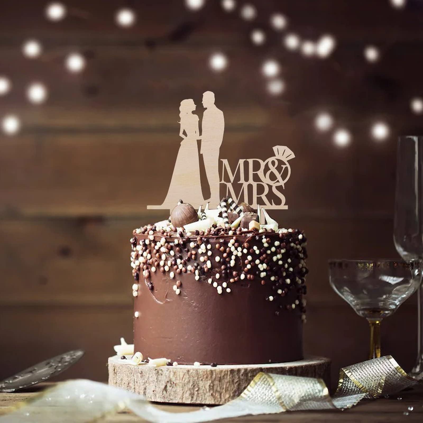 LIQWEI 3 Pcs Rustic Wooden Mr & Mrs Cake Topper Set - Bride & Groom Wedding Anniversary Decor - View #3
