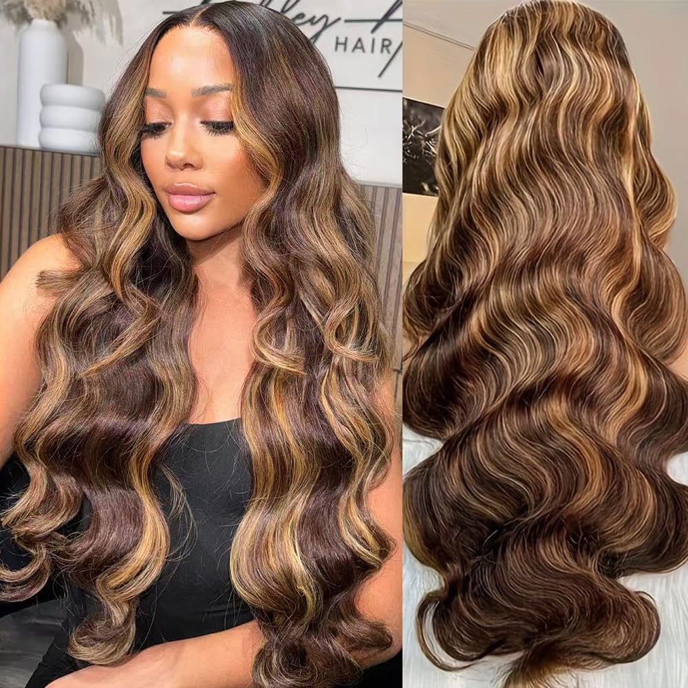 28 Inch Ombre Lace Front Wig Human Hair Pre Plucked With Baby Hair 13x4 HD Lace Front Wigs Human Hair 200 Density 4/27 Colored Glueless Body Wave Highlight Wig