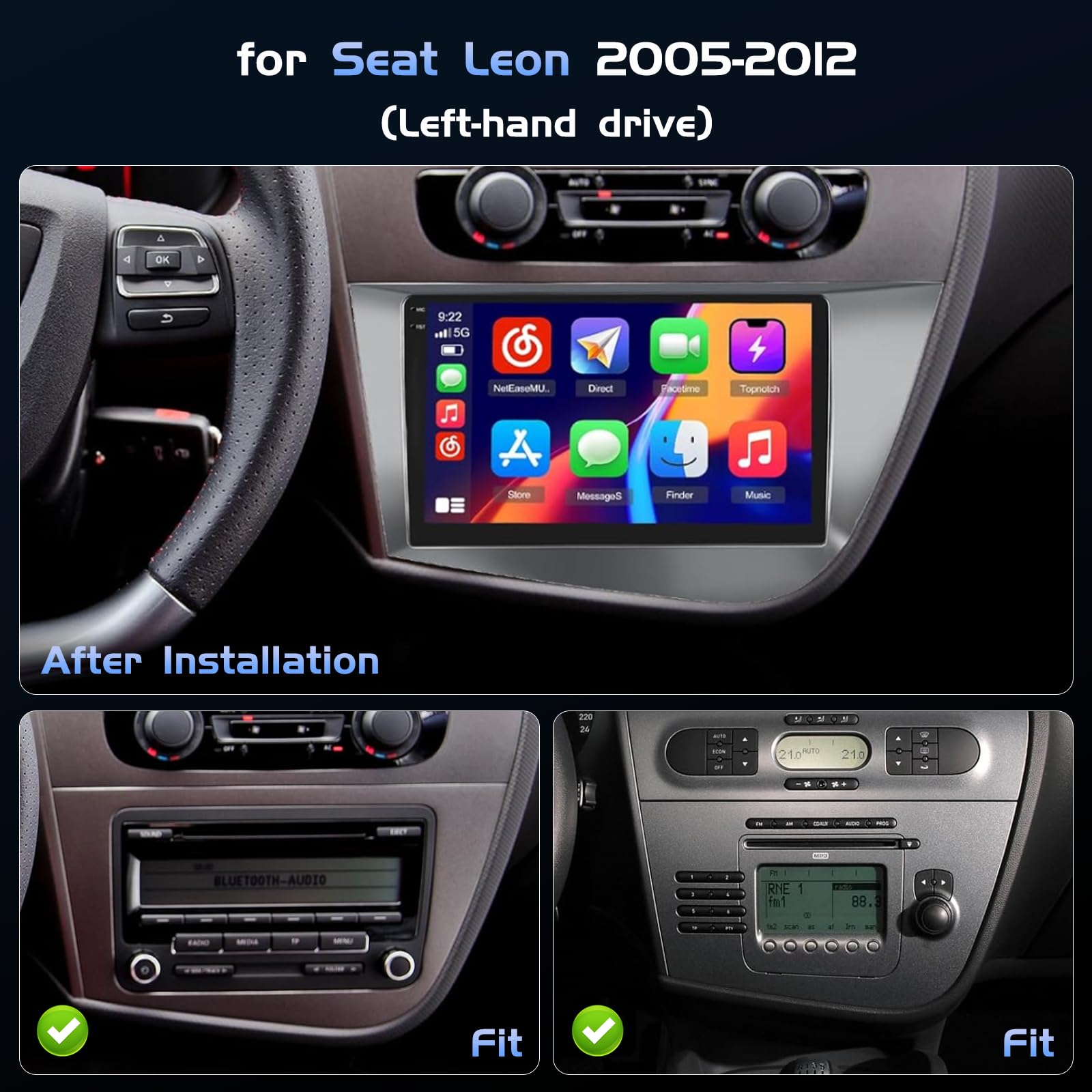 4+64GB Android Radio Coche para Seat Leon MK2 2005-2012(Left-Hand Drive), 9 Pulgadas Pantalla Wireless Carplay Android Auto Bluetooth Autoradio con Cámara Trasera GPS WiFi EQ FM RDS Radio
