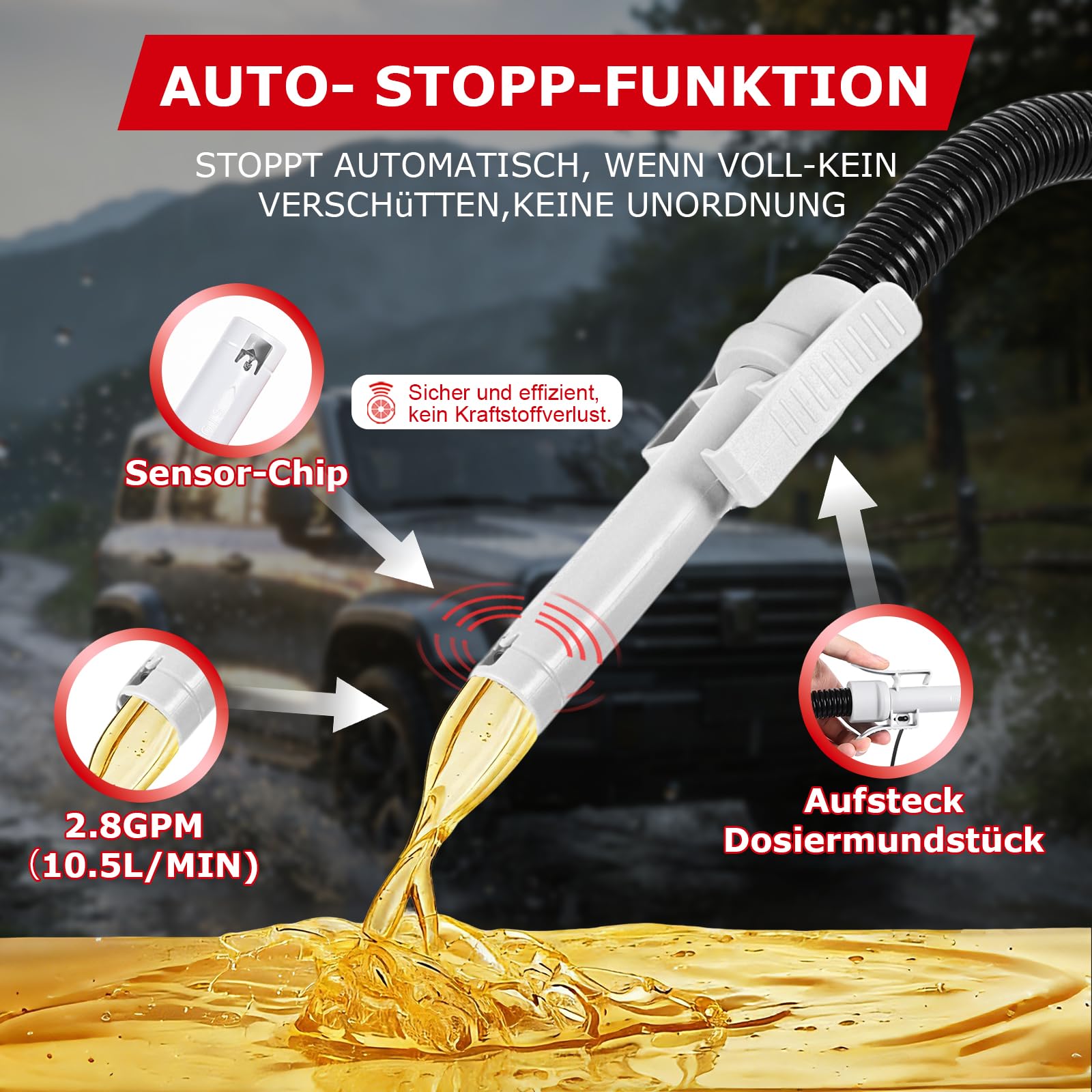 innhom Kraftstoffpumpe Elektrisch, Effiziente und sichere Benzinpumpe Für Kanister Kanisterpumpe mit Überlaufschutzsensor - mit 4 Größenadaptern Schlauch 2.8 GPM für Traktor Generator (Rot)
