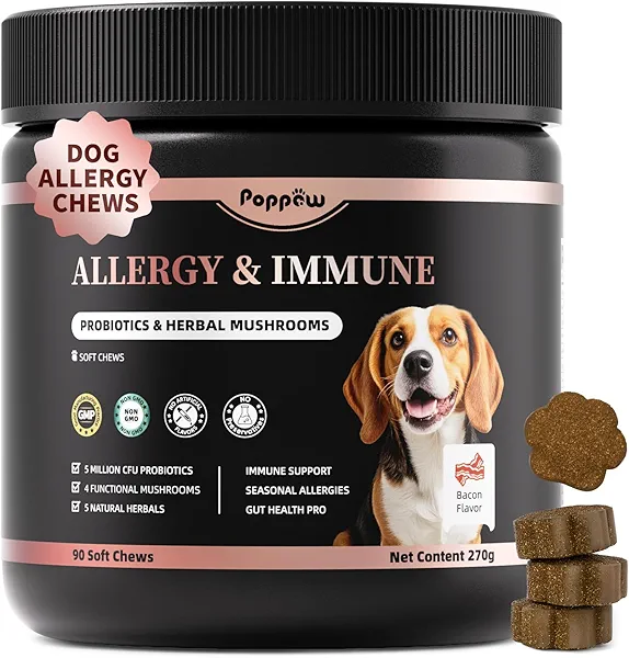 POPPAW Dog Allergy Chews, Probiotics Supplement for Dogs Seasonal Allergies & Immune Support & Gut Health Pro, Mushroom Soft Chews for Joint, Energy, Itching Skin Support, Bacon Flavor - 90 Count