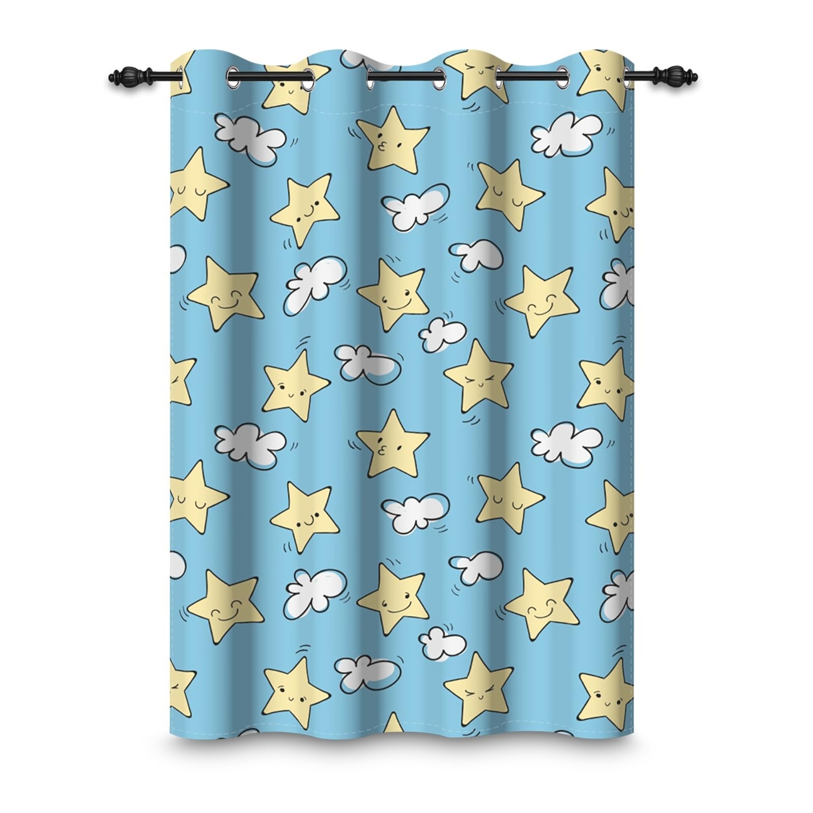 ggaimwf 53"x 90" Cartoon Eyelet Curtain for Kids Bedroom Blue Sky White Clouds Yellow Star Cute Pattern Thermal Grommet Blackout Window Drapes for Boy's Nursery Playroom Living Room,1 Single Panel