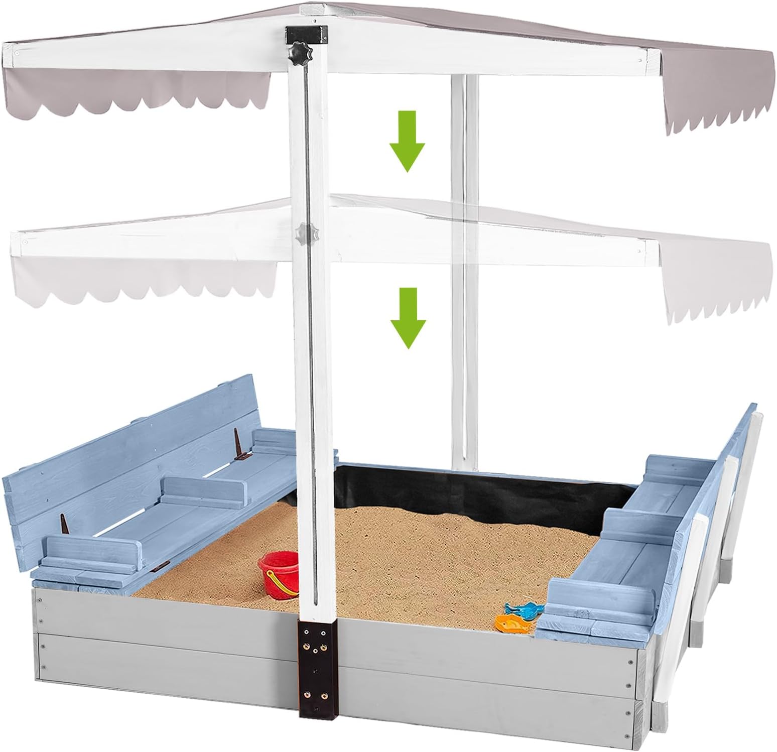 Kids Wooden Outdoor Sandbox w/Canopy, 2 Foldable Bench Seats, Retractable Roof Sand Protection Liner 47x47-Inch -Blue Color
