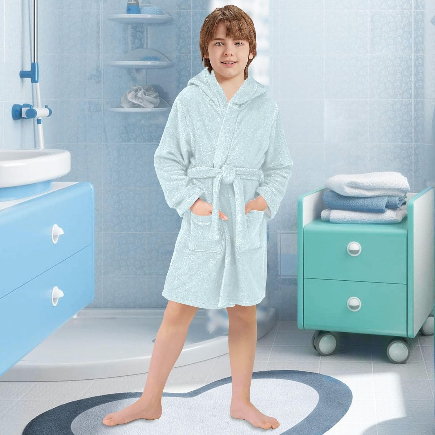 ODAWA Pale Blue Kids Bathrobe, Plush Hooded Towel Robe for Boys Girls, Soft Absorbent Swimming Bath Wrap