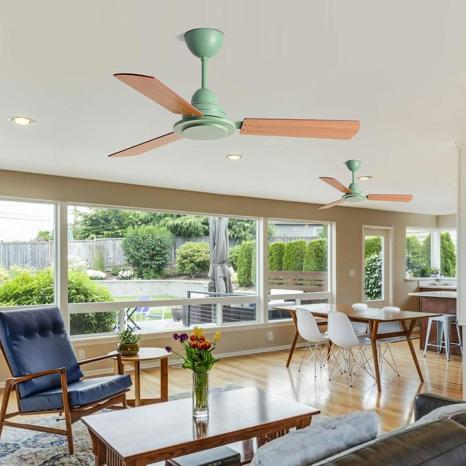 Indoor 42in Ceiling Fans Without Lights 6-Speed Green Ceiling Fans with Remote Control, 3 Plywood Blades Ceiling Fan No Light for Bedroom Living Room Restaurant Farmhouse