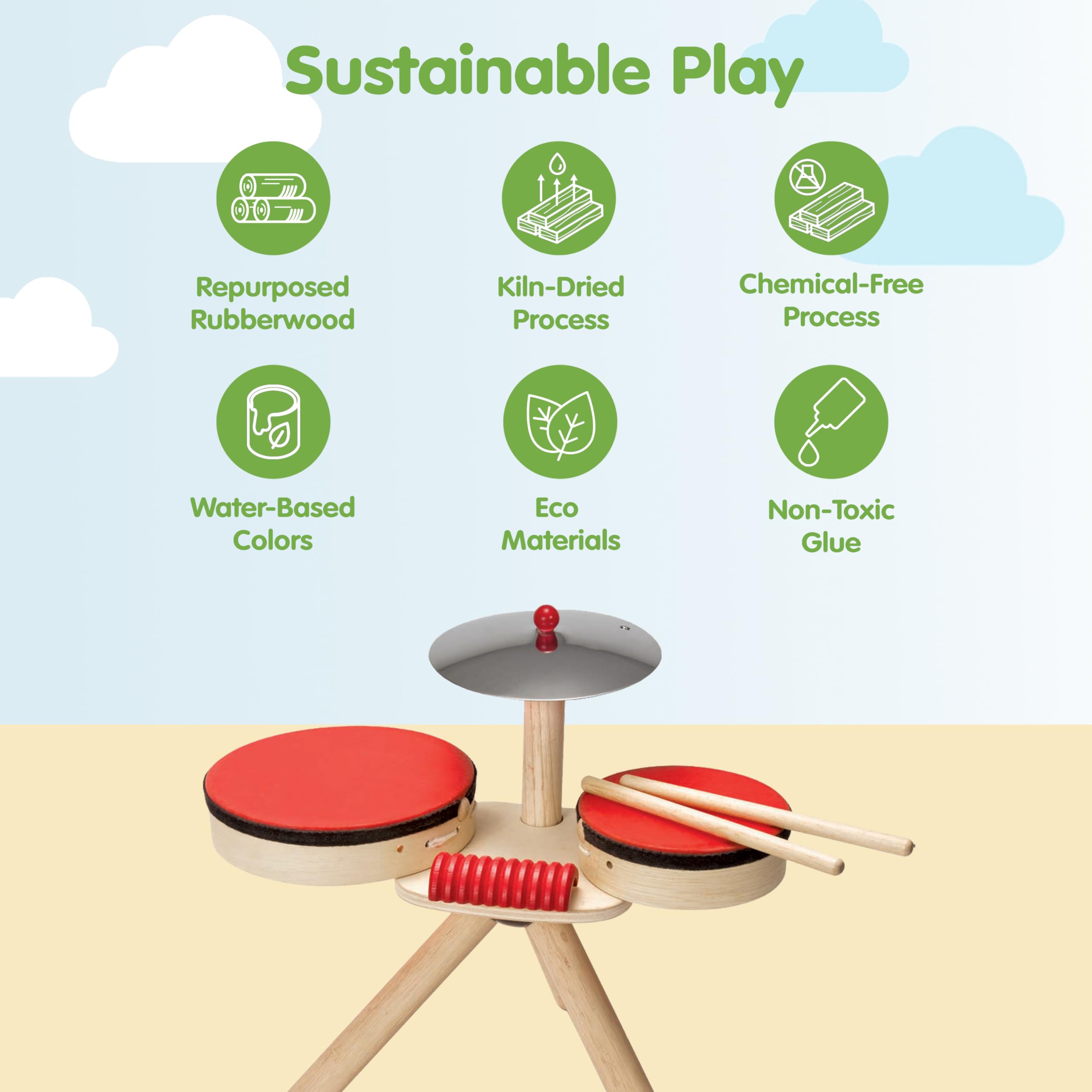 Plan Toys Musical Band | Drum Cymbal Guiro, Wooden Musical Band Set, Montessori sensory exploration, coordination creative expression, kids music inst