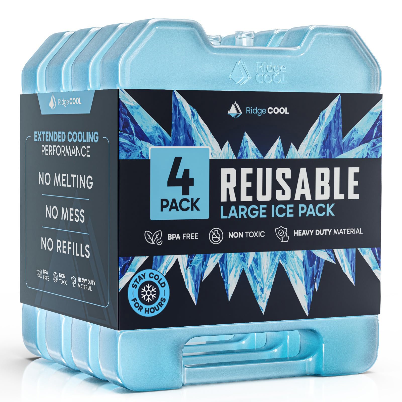 RIDGECOOL 4 Pack Reusable Large Ice Packs for Cooler, Long Lasting Freezer Packs for Camping, Beach, and Road Trips, Cooler Ice Packs BPA-Free