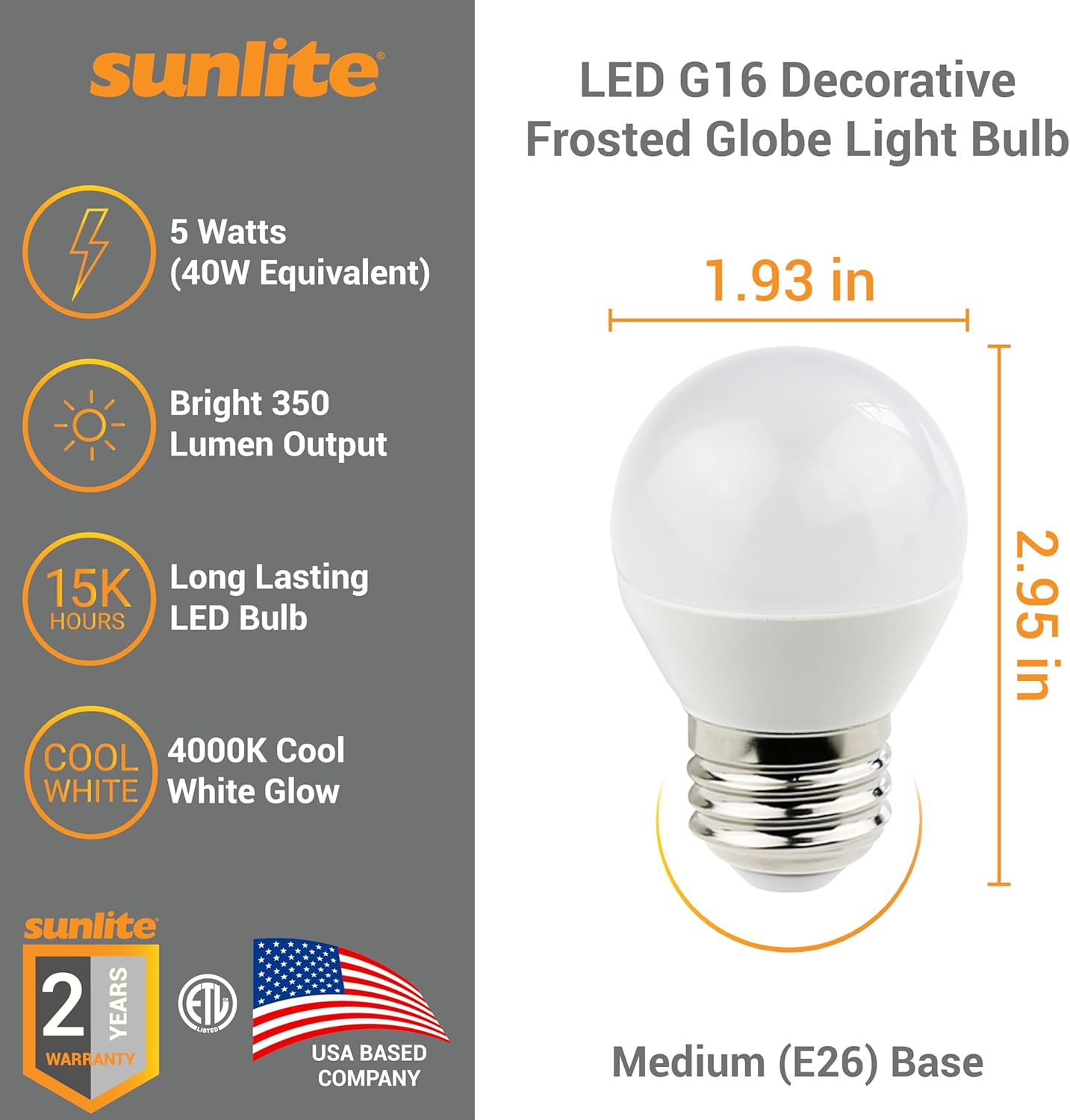 Sunlite G16 LED Dimmable Decorative Globe Vanity Light Bulbs, Frosted, 5W (40W Equiv.), 350 Lumens, Medium E26 Base, Mirror Lights for Bedroom and Bathroom, 120V, ETL Listed, 4000K Cool White, 6 Pack