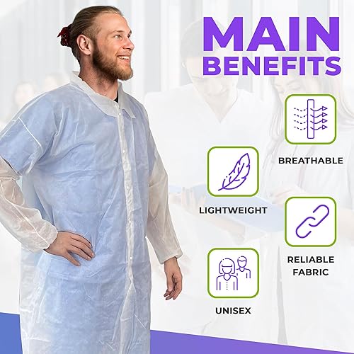 Miniatura 5 de AMZ Medical Supply Abrigo de laboratorio desechable blanco para mujeres y hombres, paquete de 10 abrigos de laboratorio desechables XL para adultos,